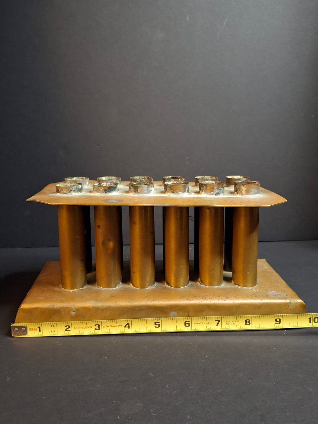 Ultra Rare Antique Late 18th Century Heavy Brass 12 Tube Candle Mold Primitive Corks 5x10