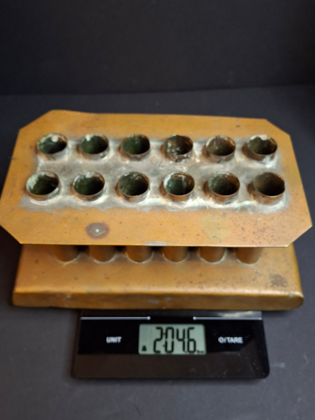 Ultra Rare Antique Late 18th Century Heavy Brass 12 Tube Candle Mold Primitive Corks 5x10