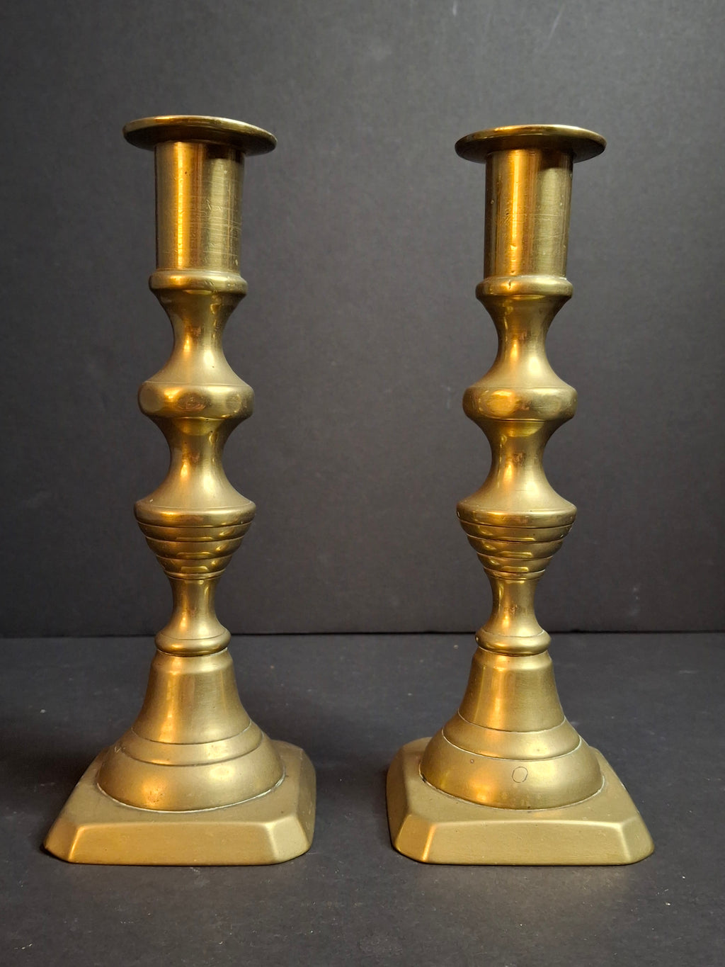 Antique English Brass Candlesticks Pair Multi-Knop Square Step Base 18th or 19th Century