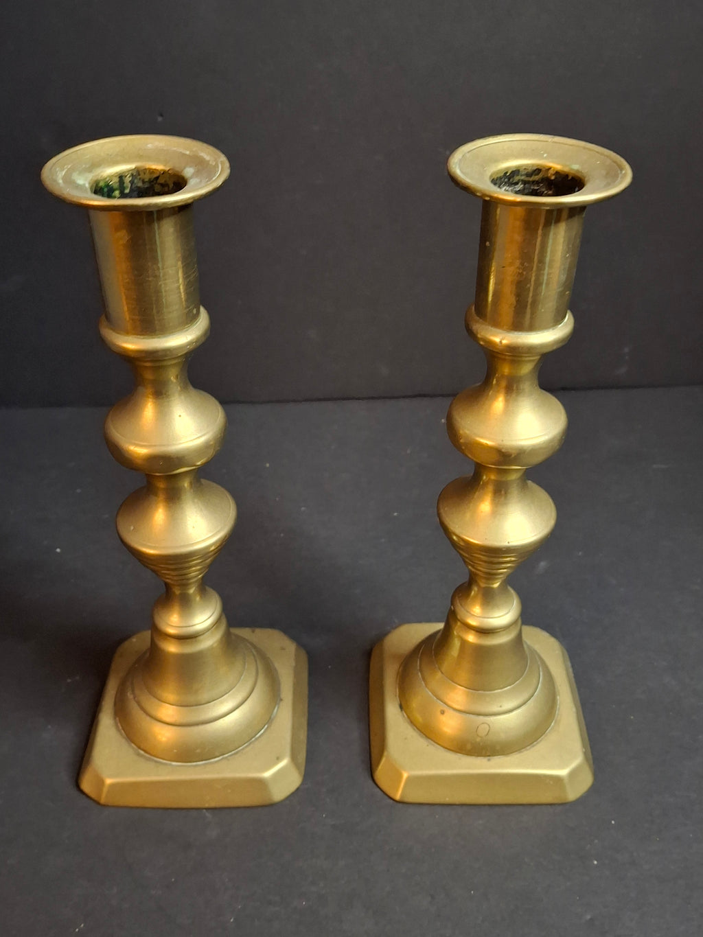 Antique English Brass Candlesticks Pair Multi-Knop Square Step Base 18th or 19th Century