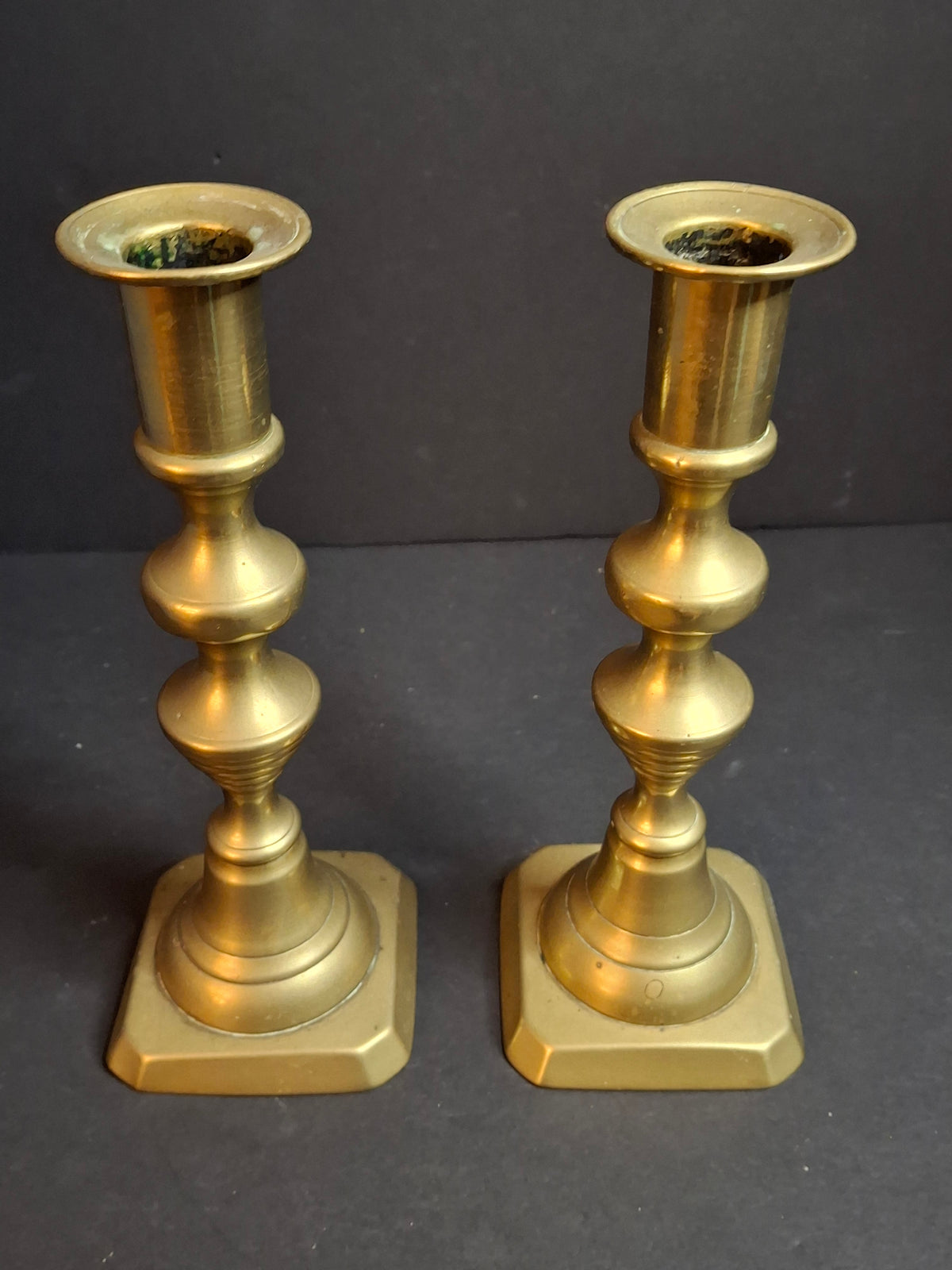 Antique English Brass Candlesticks Pair Multi-Knop Square Step Base 18th or 19th Century