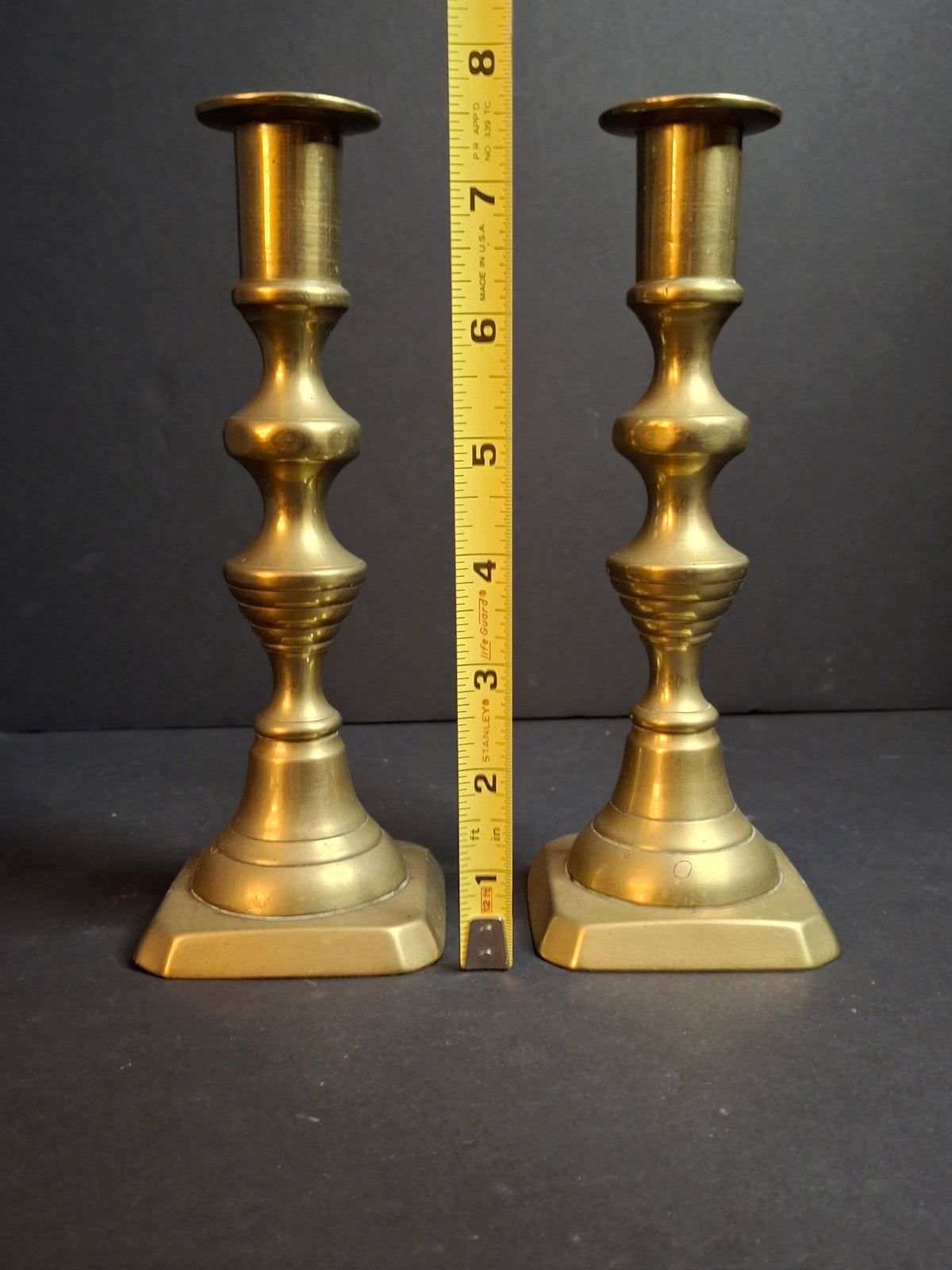 Antique English Brass Candlesticks Pair Multi-Knop Square Step Base 18th or 19th Century