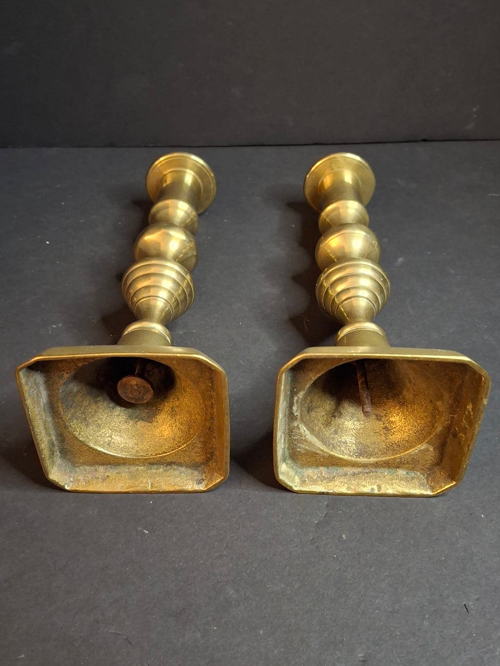 Antique English Brass Candlesticks Pair Multi-Knop Square Step Base 18th or 19th Century