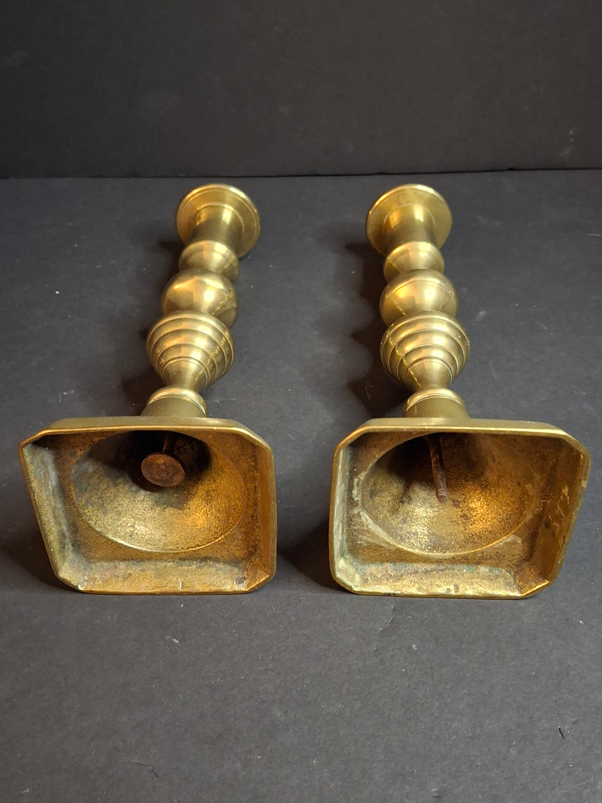 Antique English Brass Candlesticks Pair Multi-Knop Square Step Base 18th or 19th Century