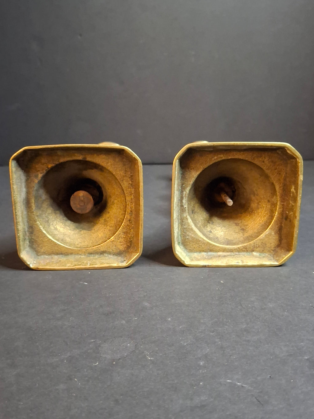 Antique English Brass Candlesticks Pair Multi-Knop Square Step Base 18th or 19th Century
