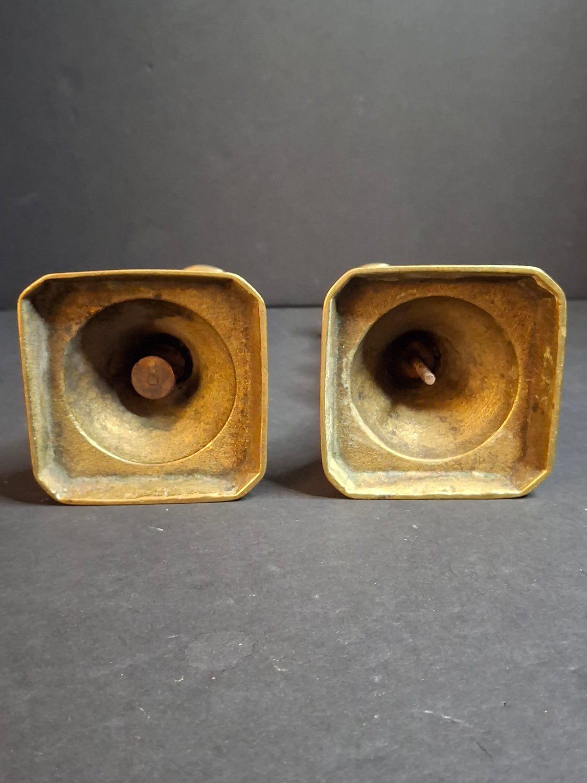 Antique English Brass Candlesticks Pair Multi-Knop Square Step Base 18th or 19th Century