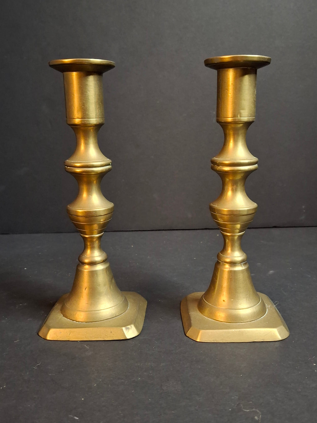 Antique English Brass Candlesticks Pair 19th Century Turned Spindle Square Base 6"