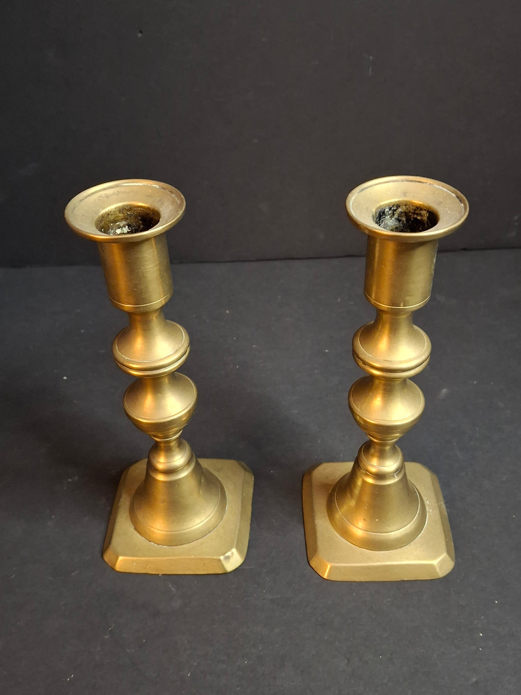 Antique English Brass Candlesticks Pair 19th Century Turned Spindle Square Base 6"