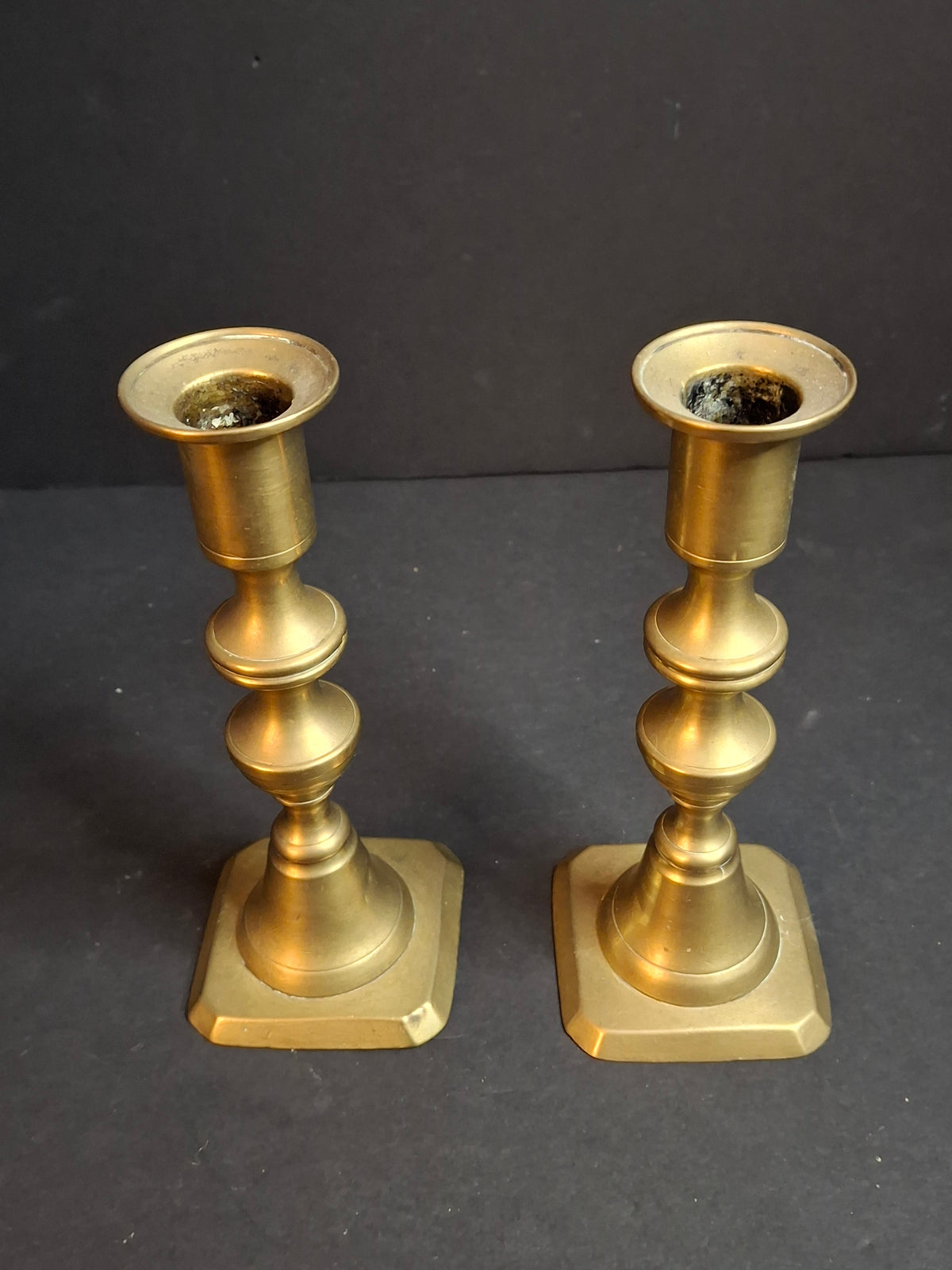 Antique English Brass Candlesticks Pair 19th Century Turned Spindle Square Base 6"