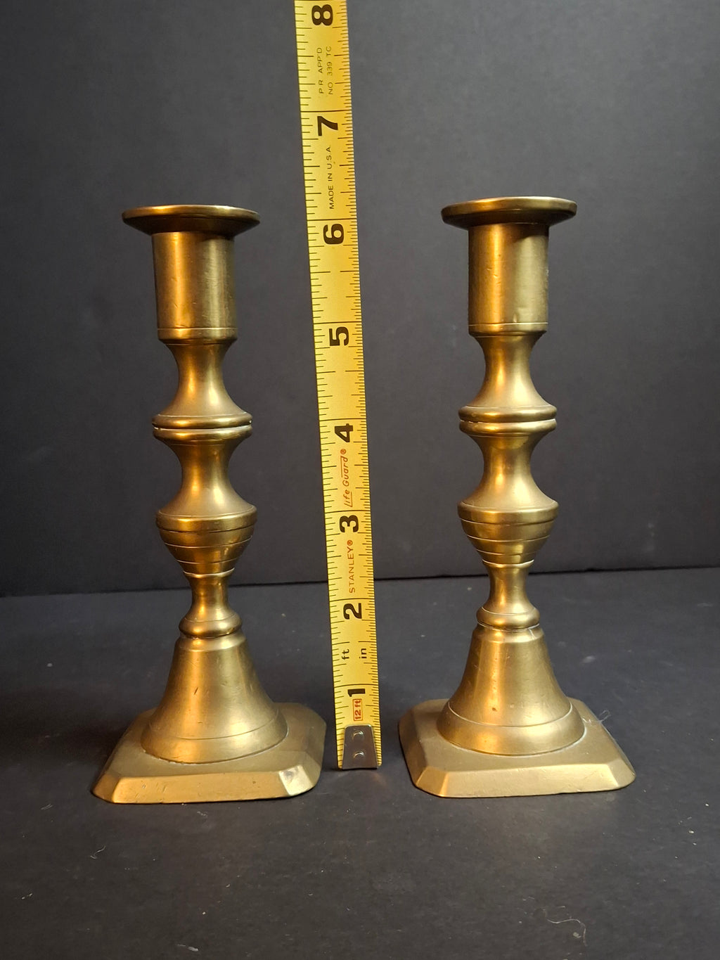 Antique English Brass Candlesticks Pair 19th Century Turned Spindle Square Base 6"