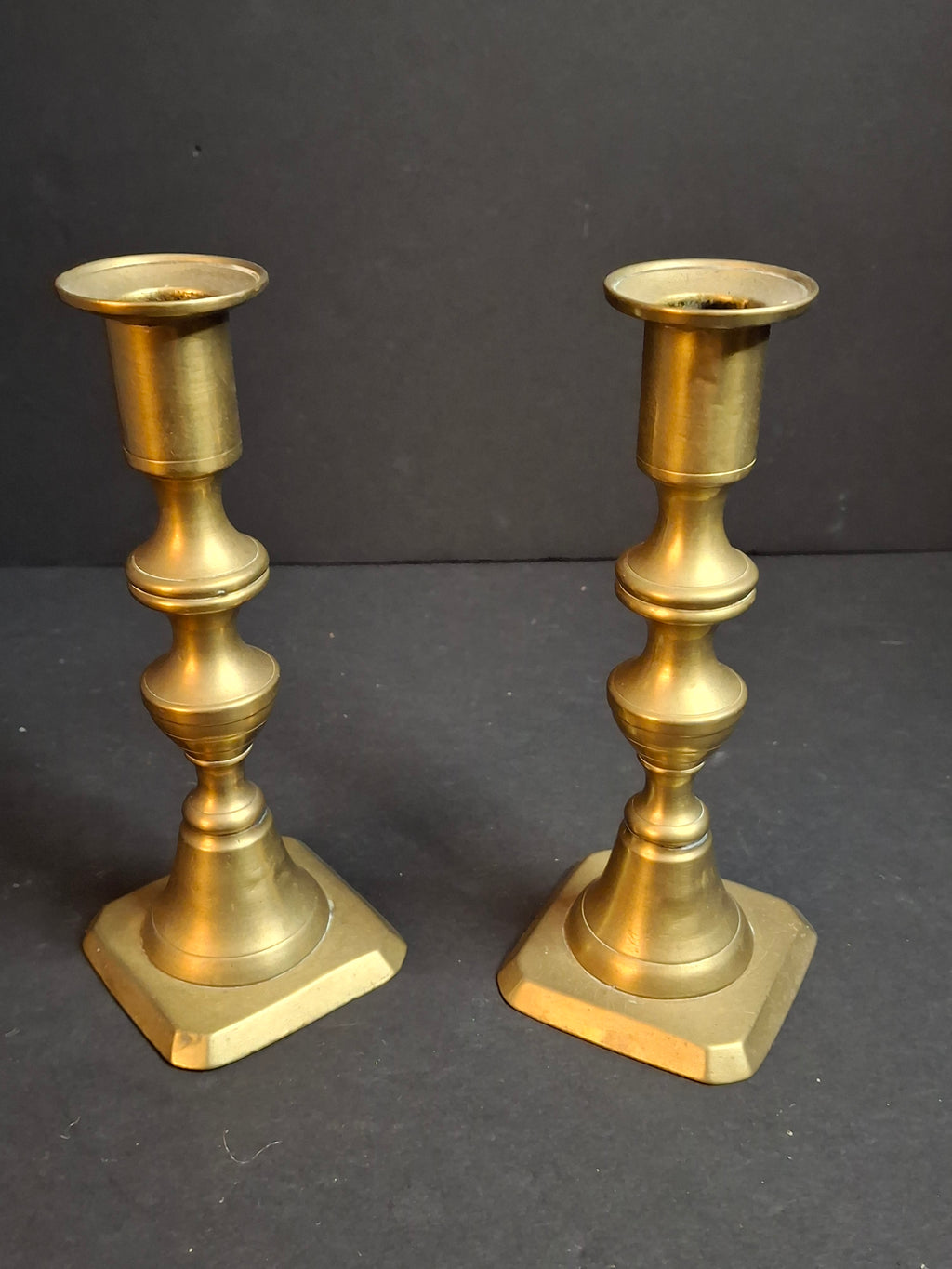 Antique English Brass Candlesticks Pair 19th Century Turned Spindle Square Base 6"