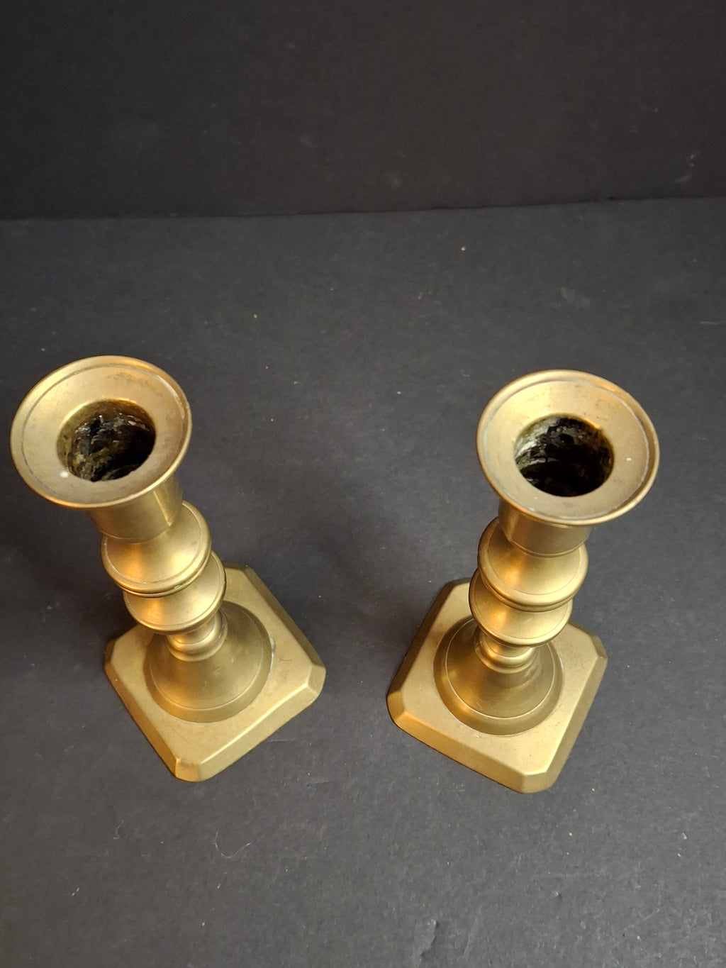 Antique English Brass Candlesticks Pair 19th Century Turned Spindle Square Base 6"