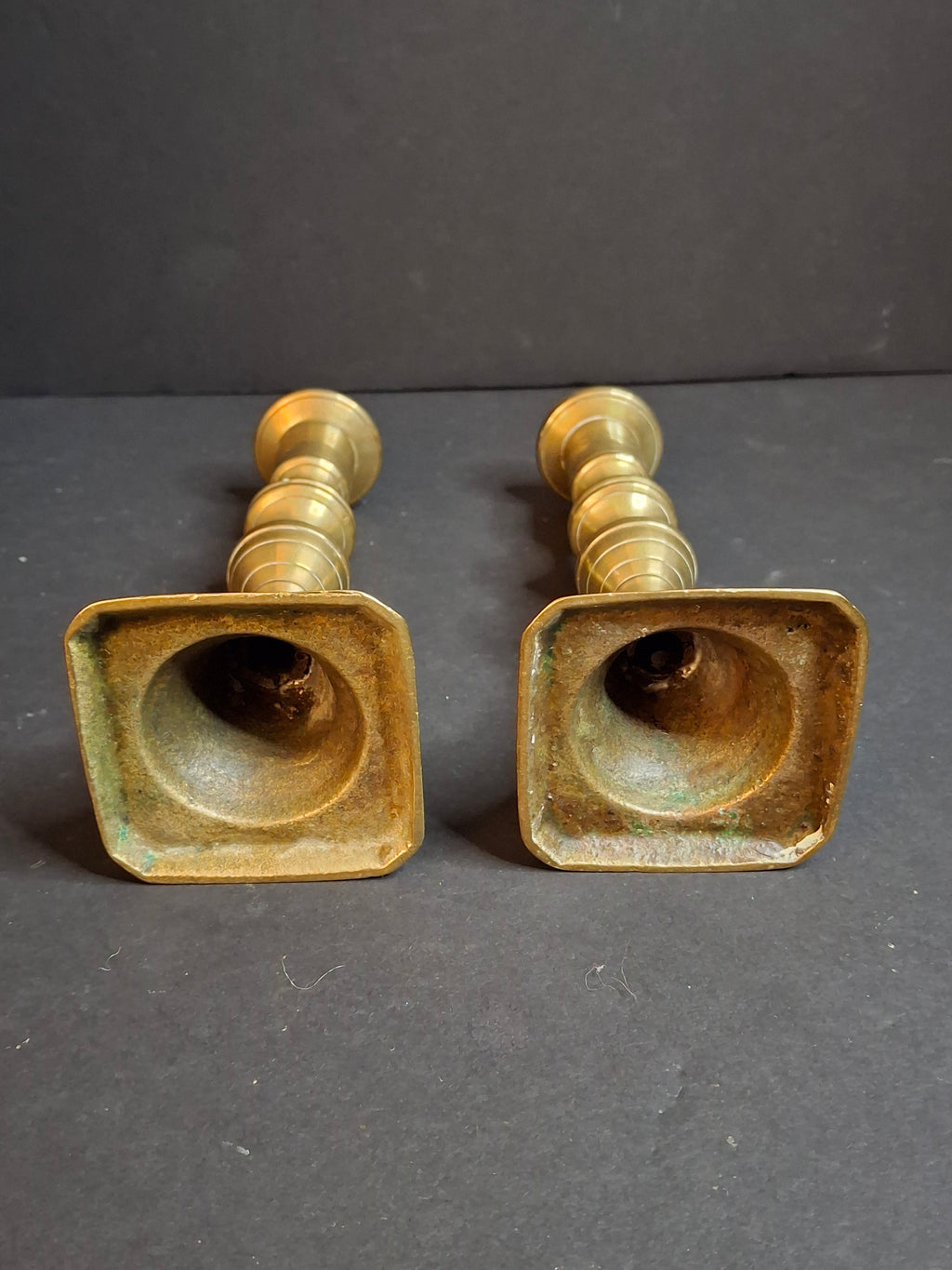 Antique English Brass Candlesticks Pair 19th Century Turned Spindle Square Base 6"