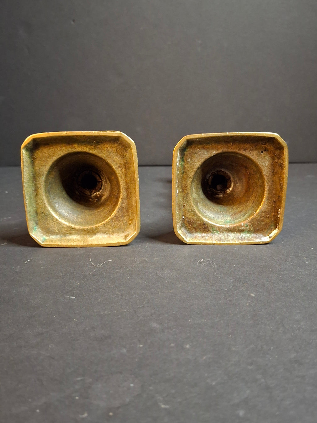 Antique English Brass Candlesticks Pair 19th Century Turned Spindle Square Base 6"