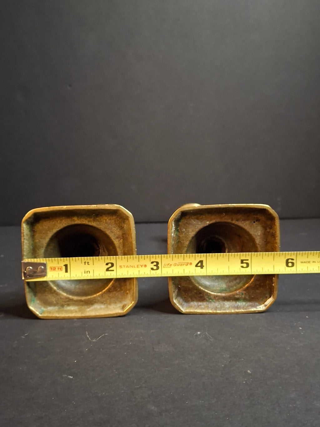 Antique English Brass Candlesticks Pair 19th Century Turned Spindle Square Base 6"