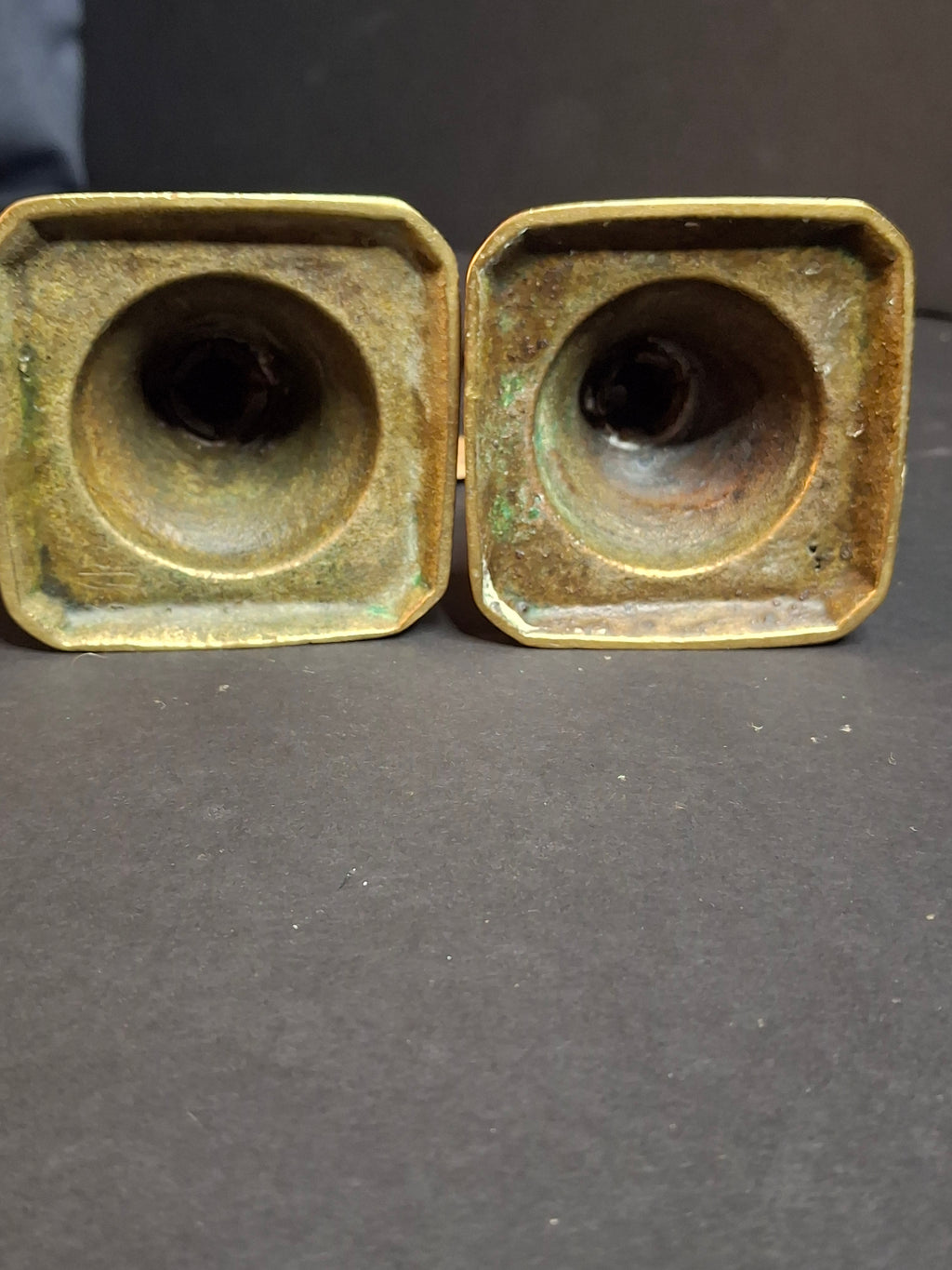 Antique English Brass Candlesticks Pair 19th Century Turned Spindle Square Base 6"