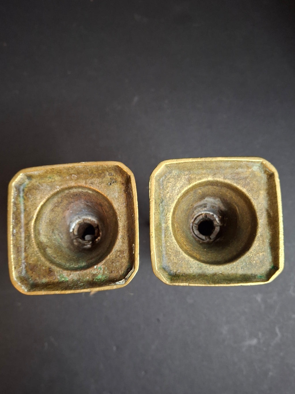 Antique English Brass Candlesticks Pair 19th Century Turned Spindle Square Base 6"