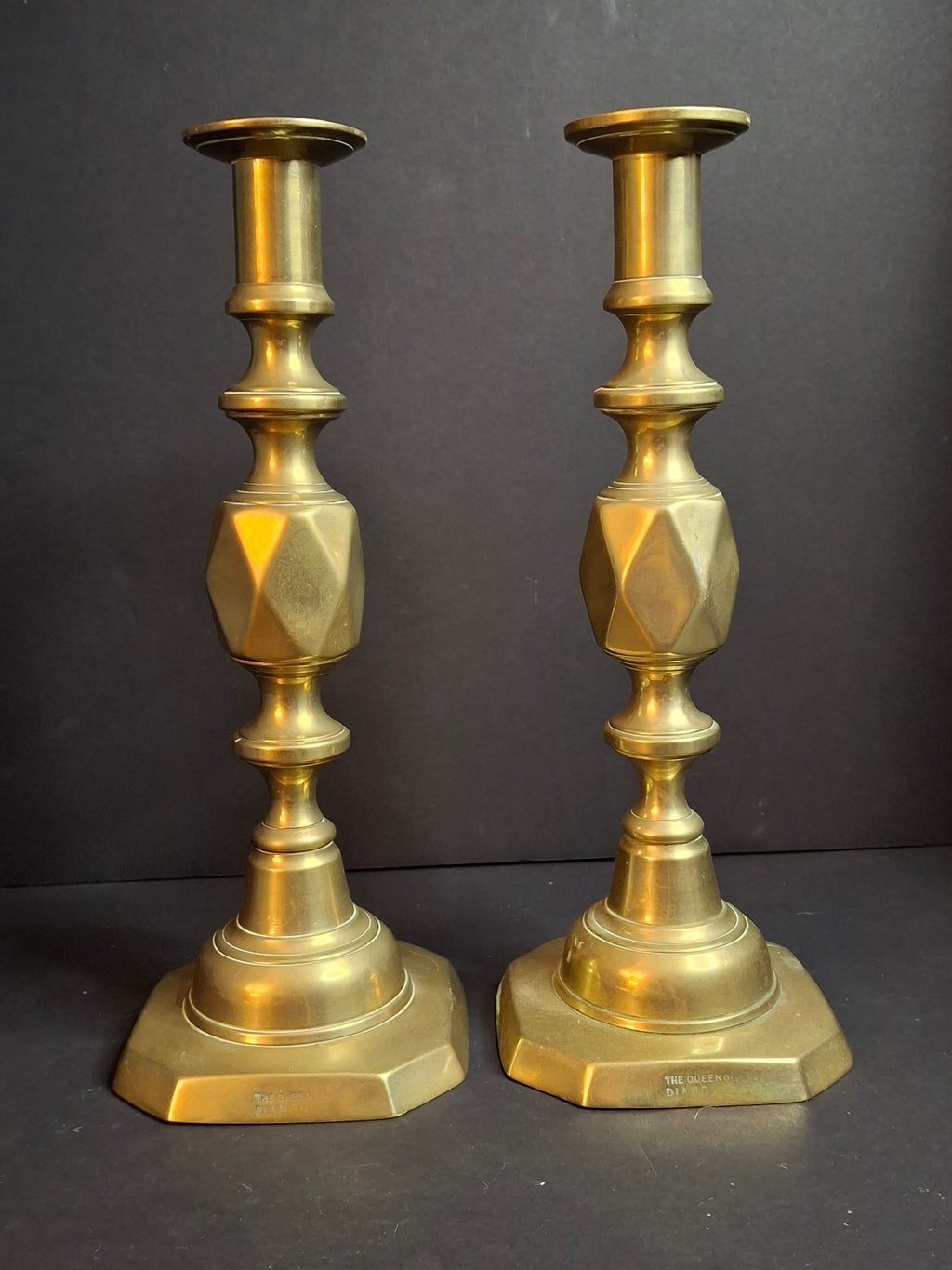 Antique Matching Pair Victorian "The Queen of Diamonds" Brass Candlesticks 11" Push Up Ejector c.1897
