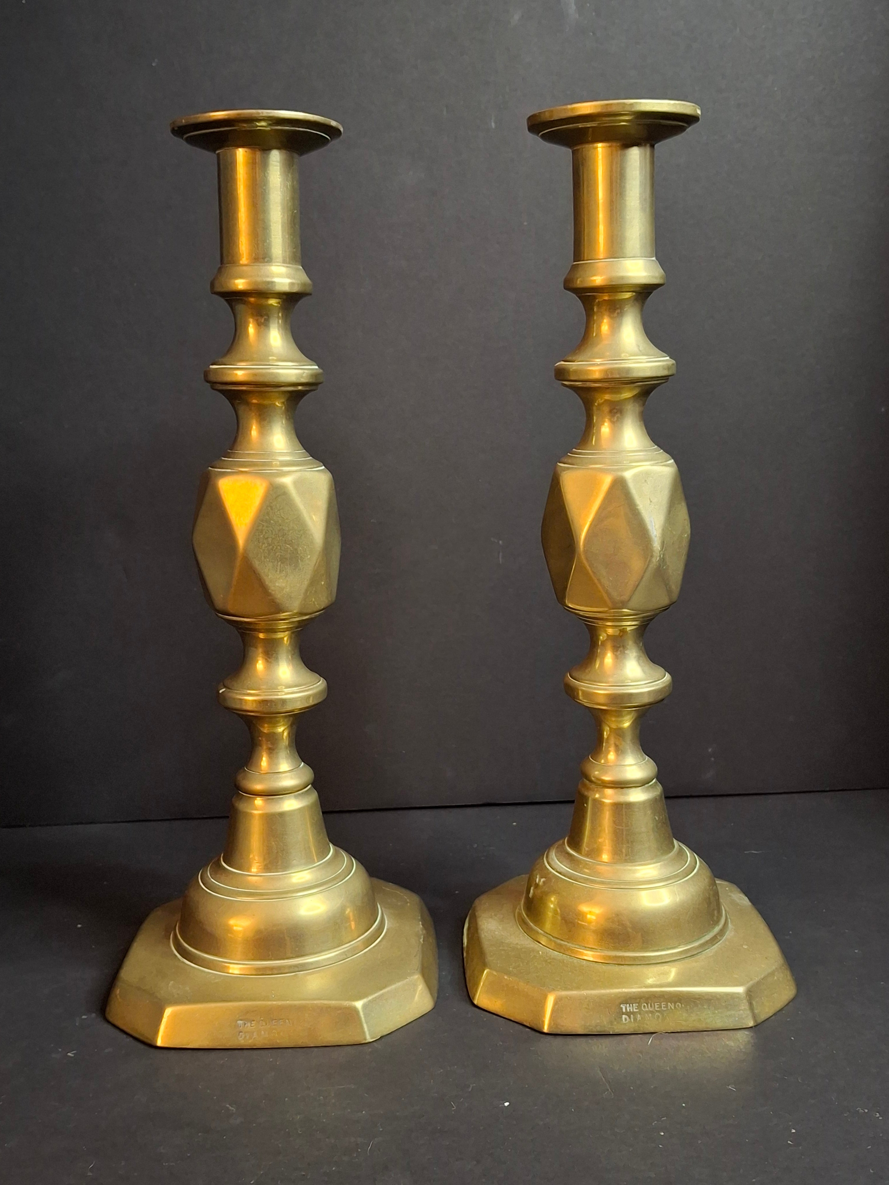 Antique Matching Pair Victorian "The Queen of Diamonds" Brass Candlesticks 11" Push Up Ejector c.1897
