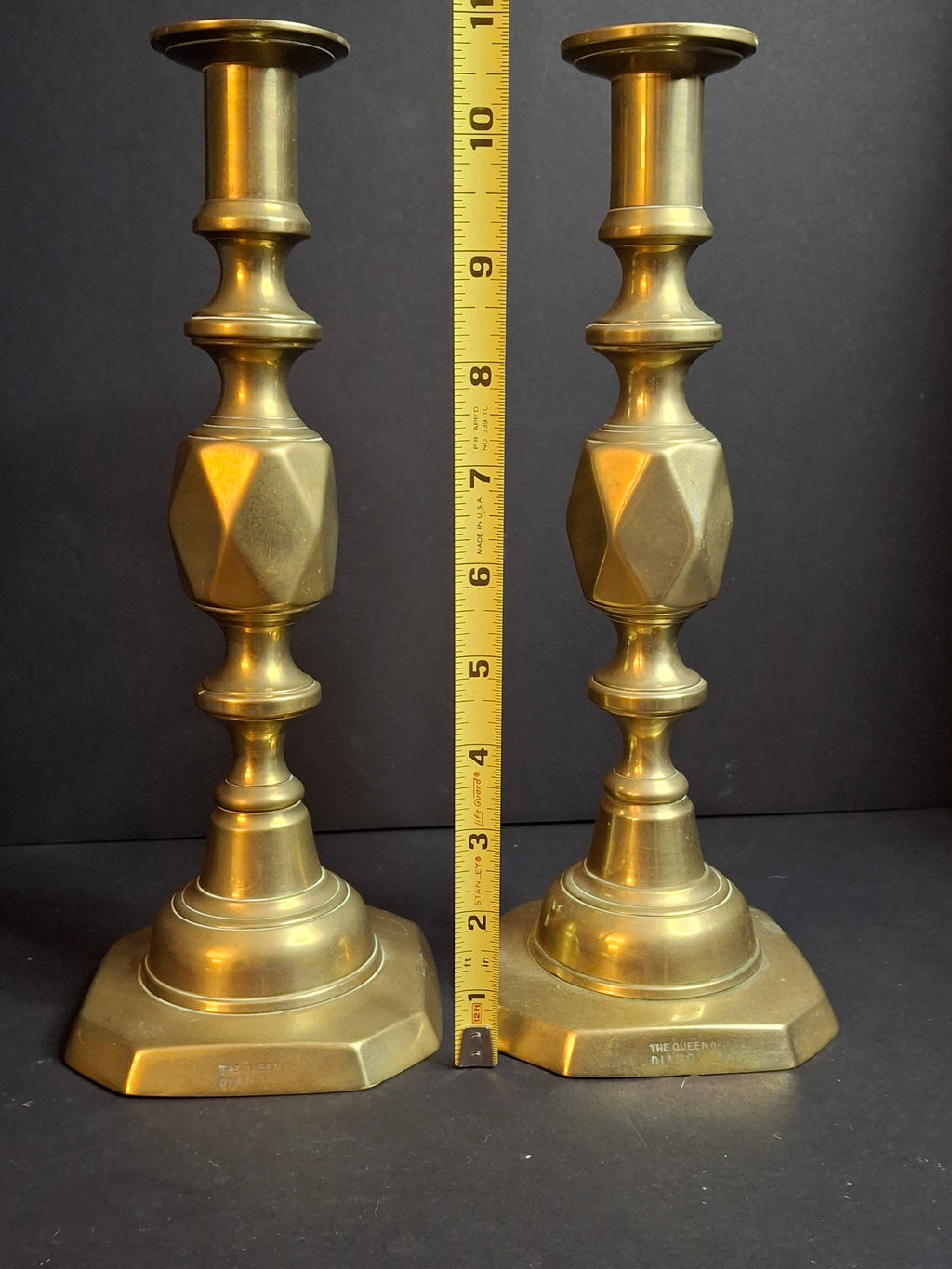 Antique Matching Pair Victorian "The Queen of Diamonds" Brass Candlesticks 11" Push Up Ejector c.1897