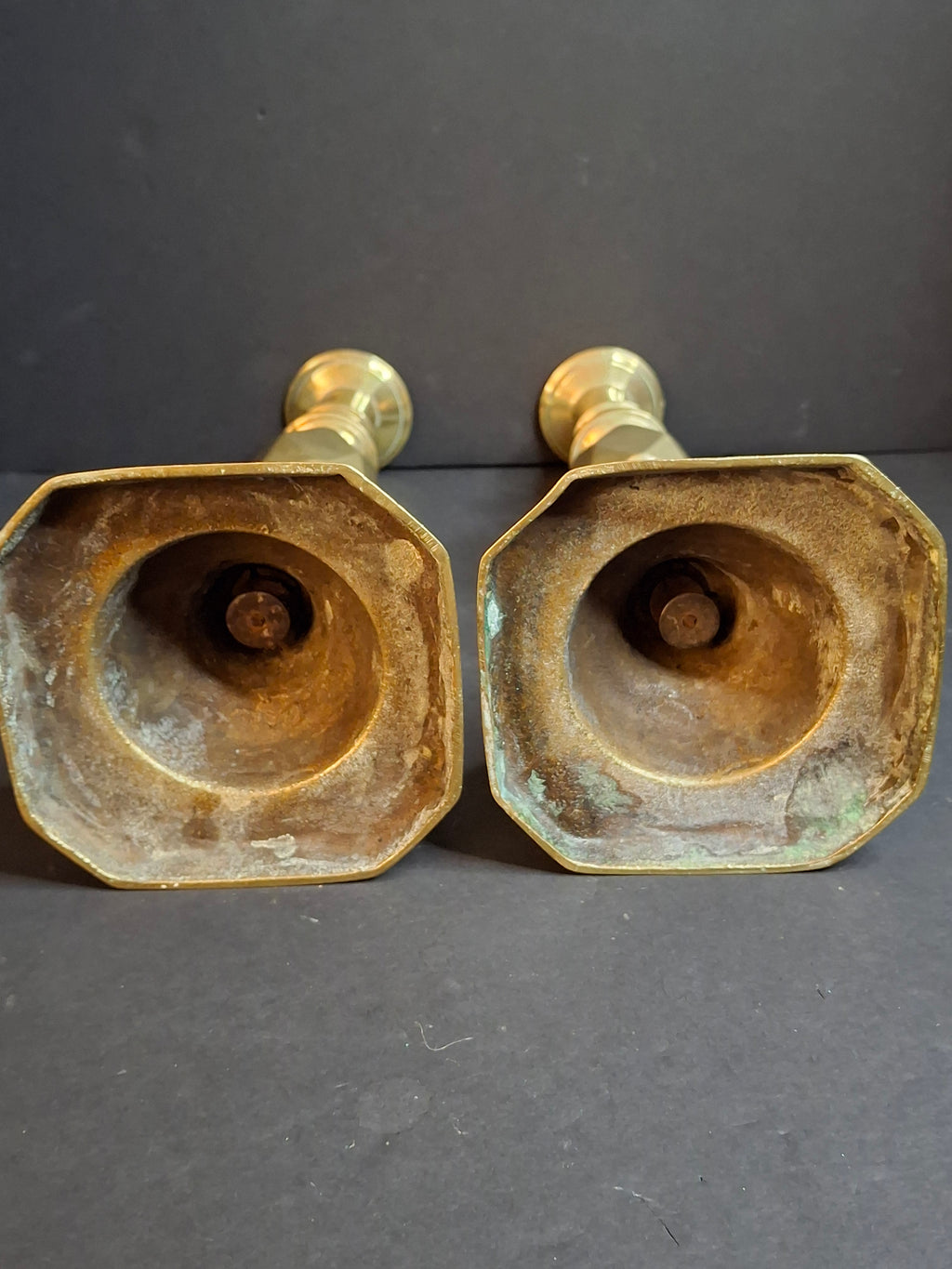 Antique Matching Pair Victorian "The Queen of Diamonds" Brass Candlesticks 11" Push Up Ejector c.1897