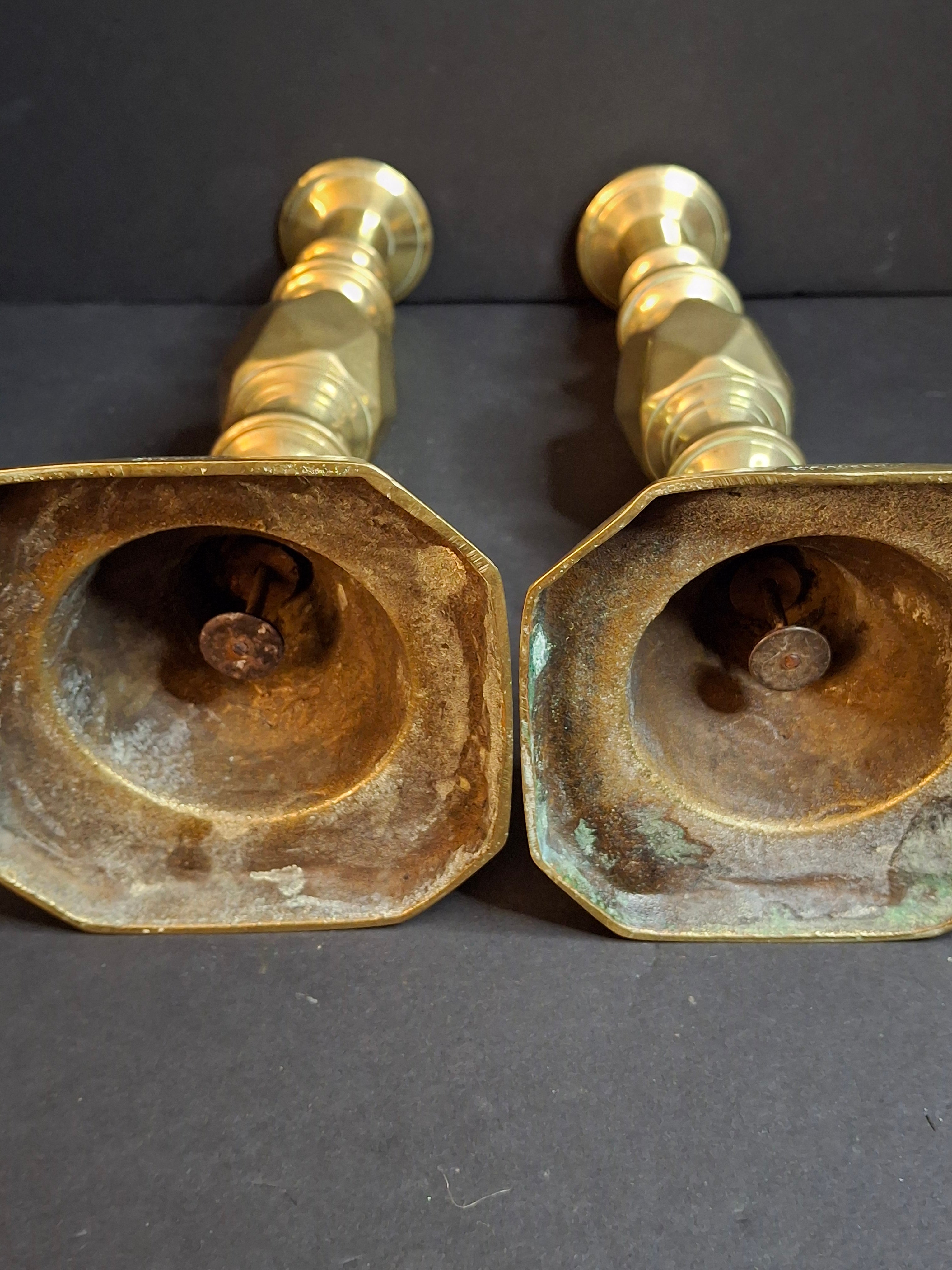 Antique Matching Pair Victorian "The Queen of Diamonds" Brass Candlesticks 11" Push Up Ejector c.1897