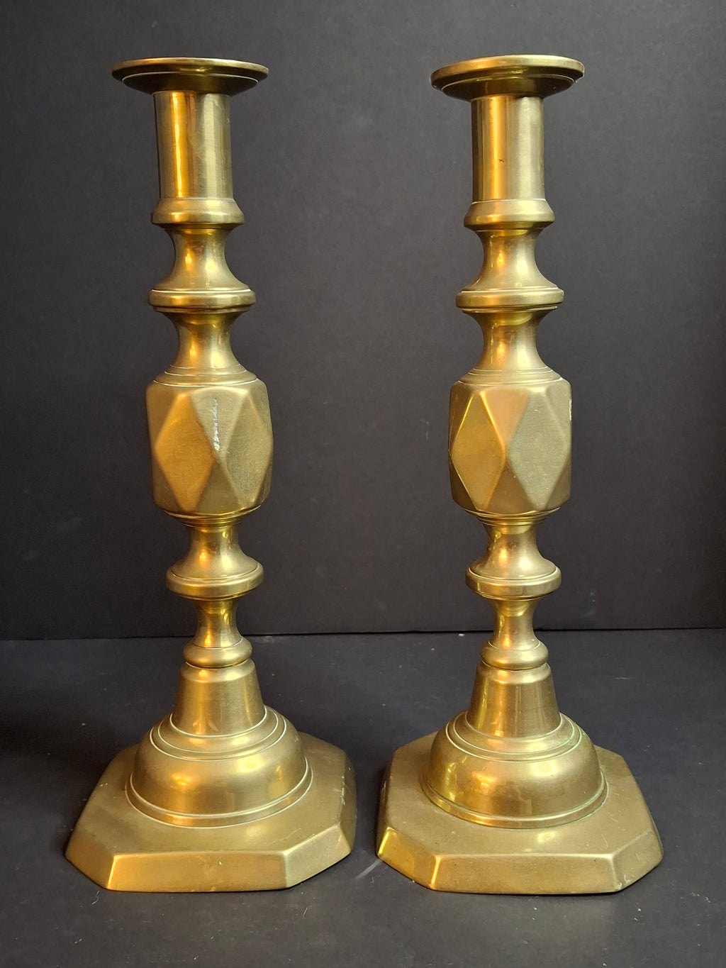Antique Matching Pair Victorian "The Queen of Diamonds" Brass Candlesticks 11" Push Up Ejector c.1897