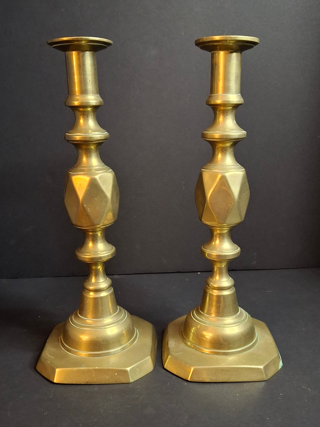 Antique Matching Pair Victorian "The Queen of Diamonds" Brass Candlesticks 11" Push Up Ejector c.1897