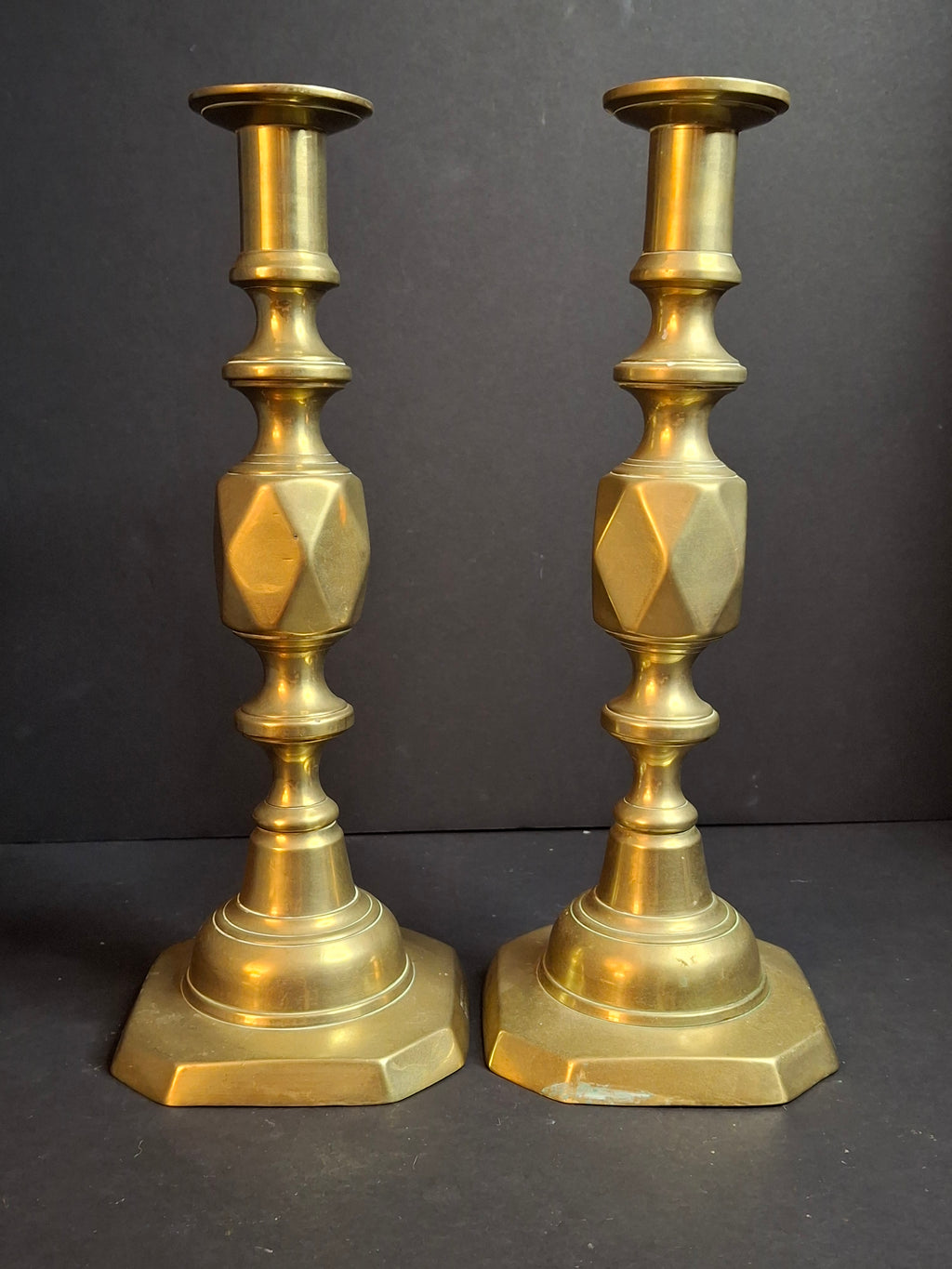 Antique Matching Pair Victorian "The Queen of Diamonds" Brass Candlesticks 11" Push Up Ejector c.1897