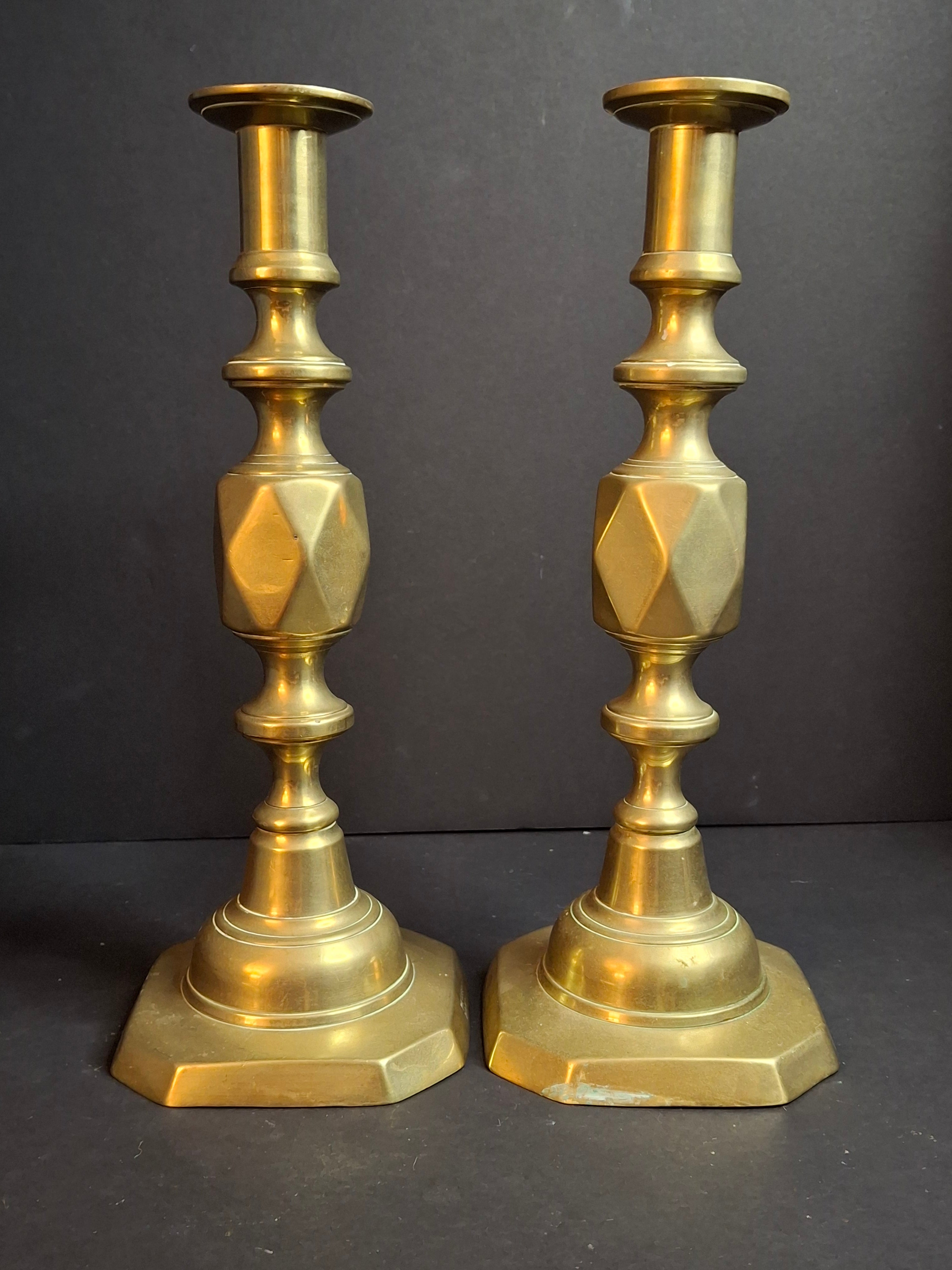 Antique Matching Pair Victorian "The Queen of Diamonds" Brass Candlesticks 11" Push Up Ejector c.1897