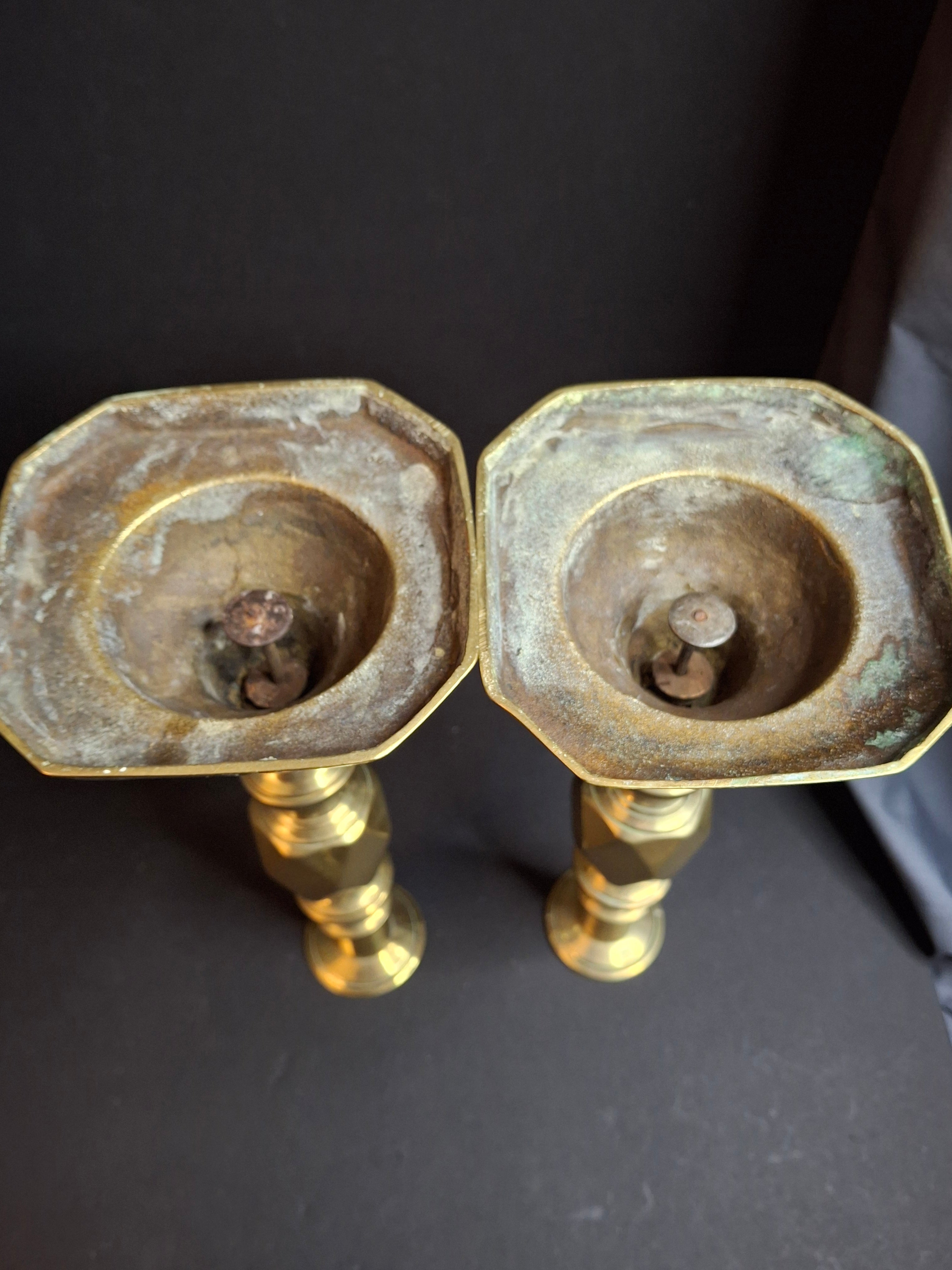 Antique Matching Pair Victorian "The Queen of Diamonds" Brass Candlesticks 11" Push Up Ejector c.1897
