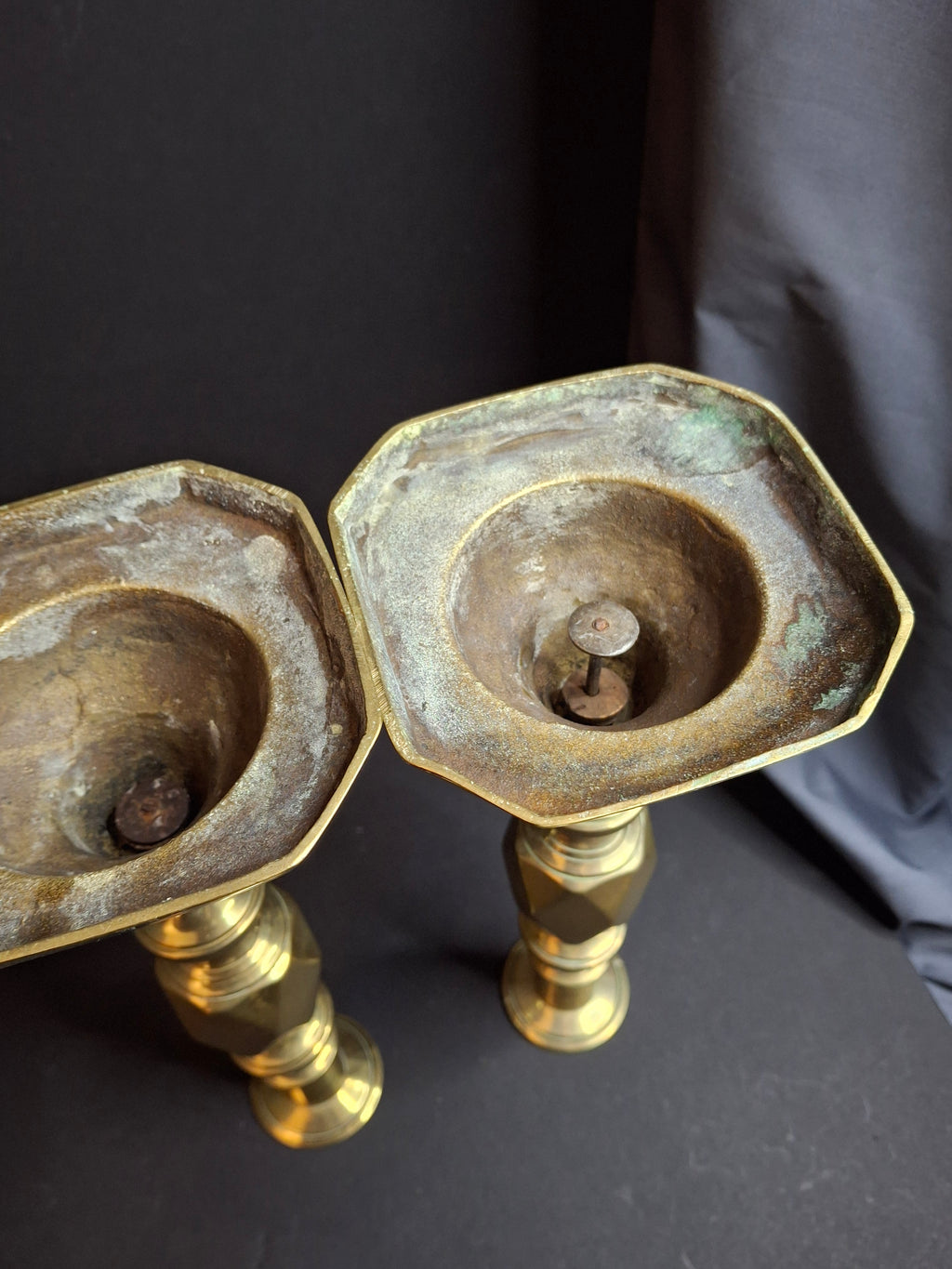 Antique Matching Pair Victorian "The Queen of Diamonds" Brass Candlesticks 11" Push Up Ejector c.1897
