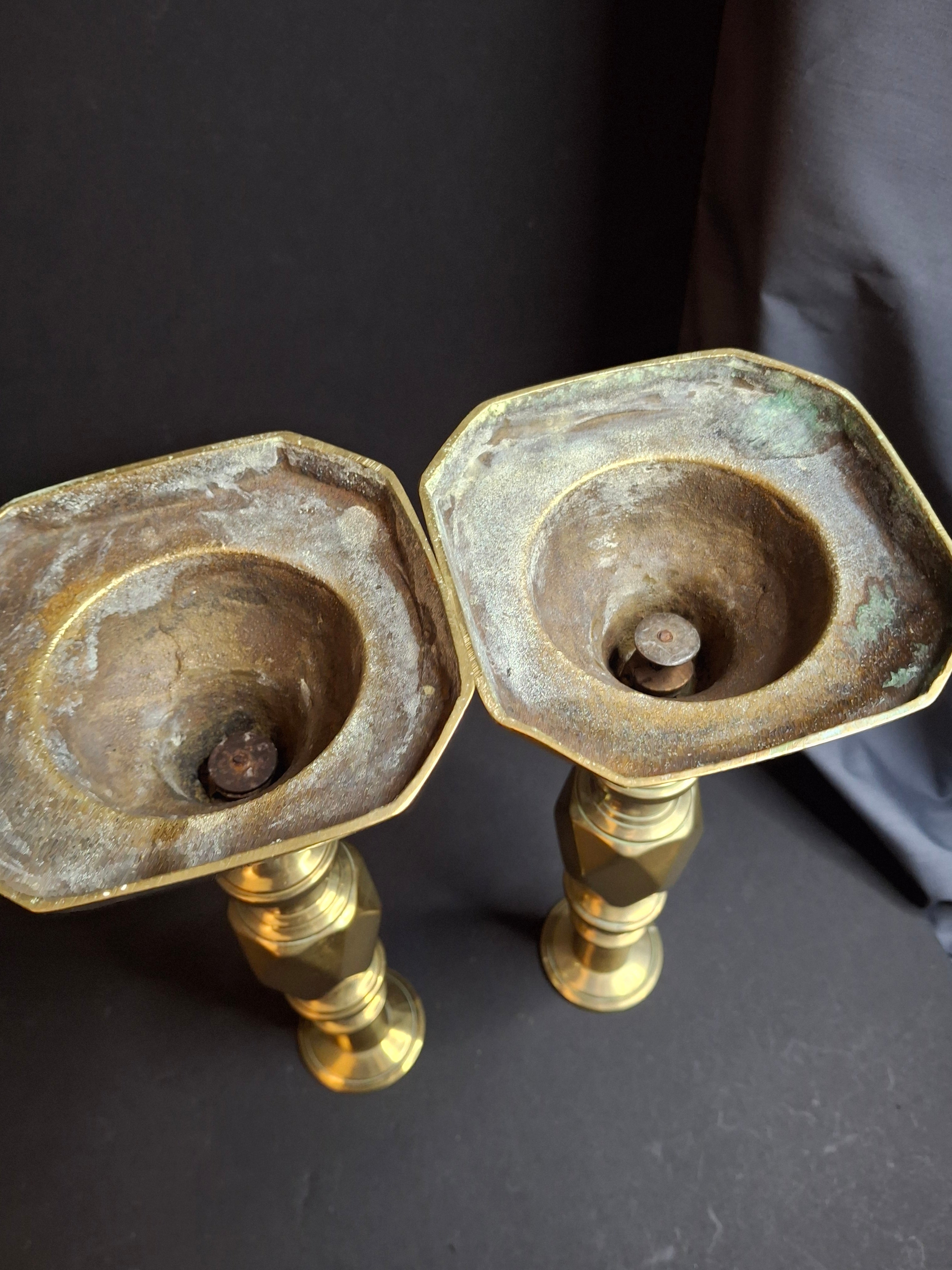 Antique Matching Pair Victorian "The Queen of Diamonds" Brass Candlesticks 11" Push Up Ejector c.1897