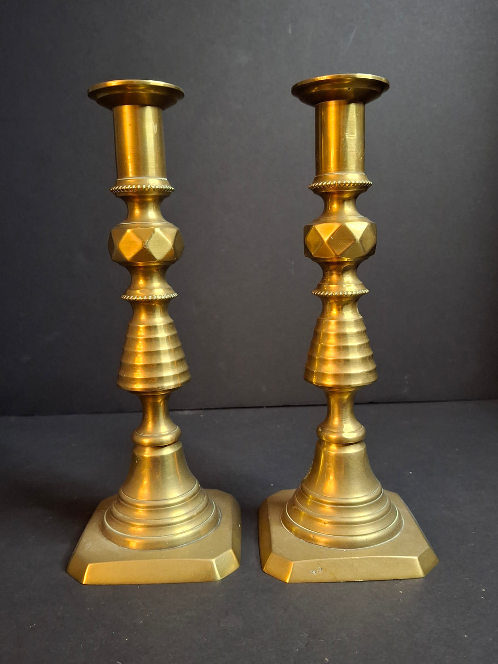 Antique Victorian Brass Candlesticks Pair Faceted Diamond Knop Octagonal Base 8.5"