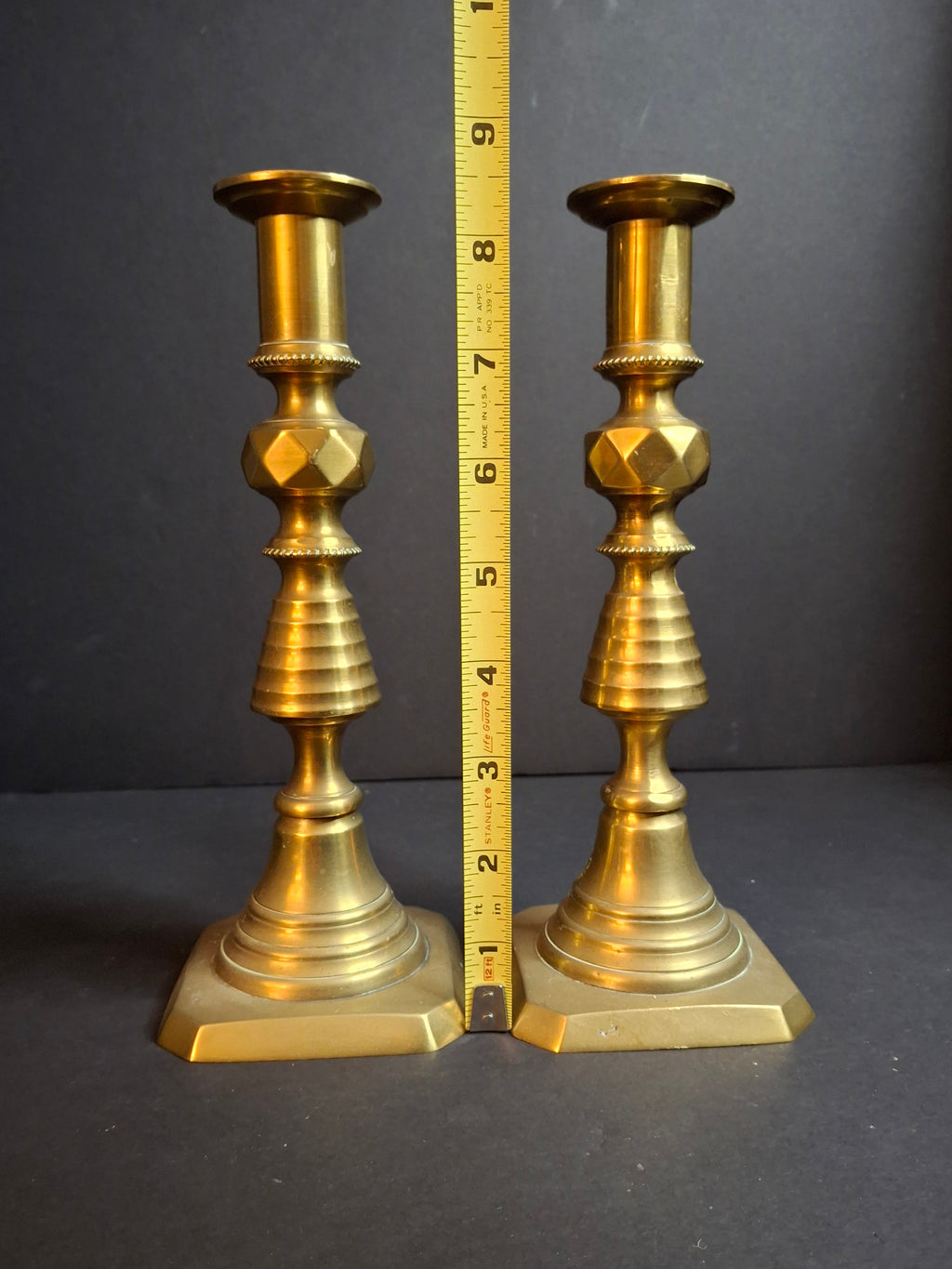Antique Victorian Brass Candlesticks Pair Faceted Diamond Knop Octagonal Base 8.5"
