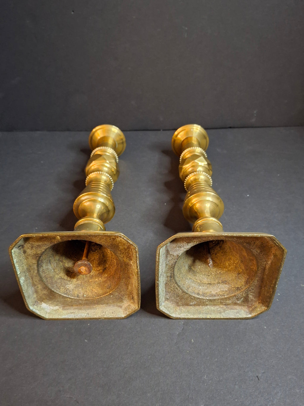 Antique Victorian Brass Candlesticks Pair Faceted Diamond Knop Octagonal Base 8.5"