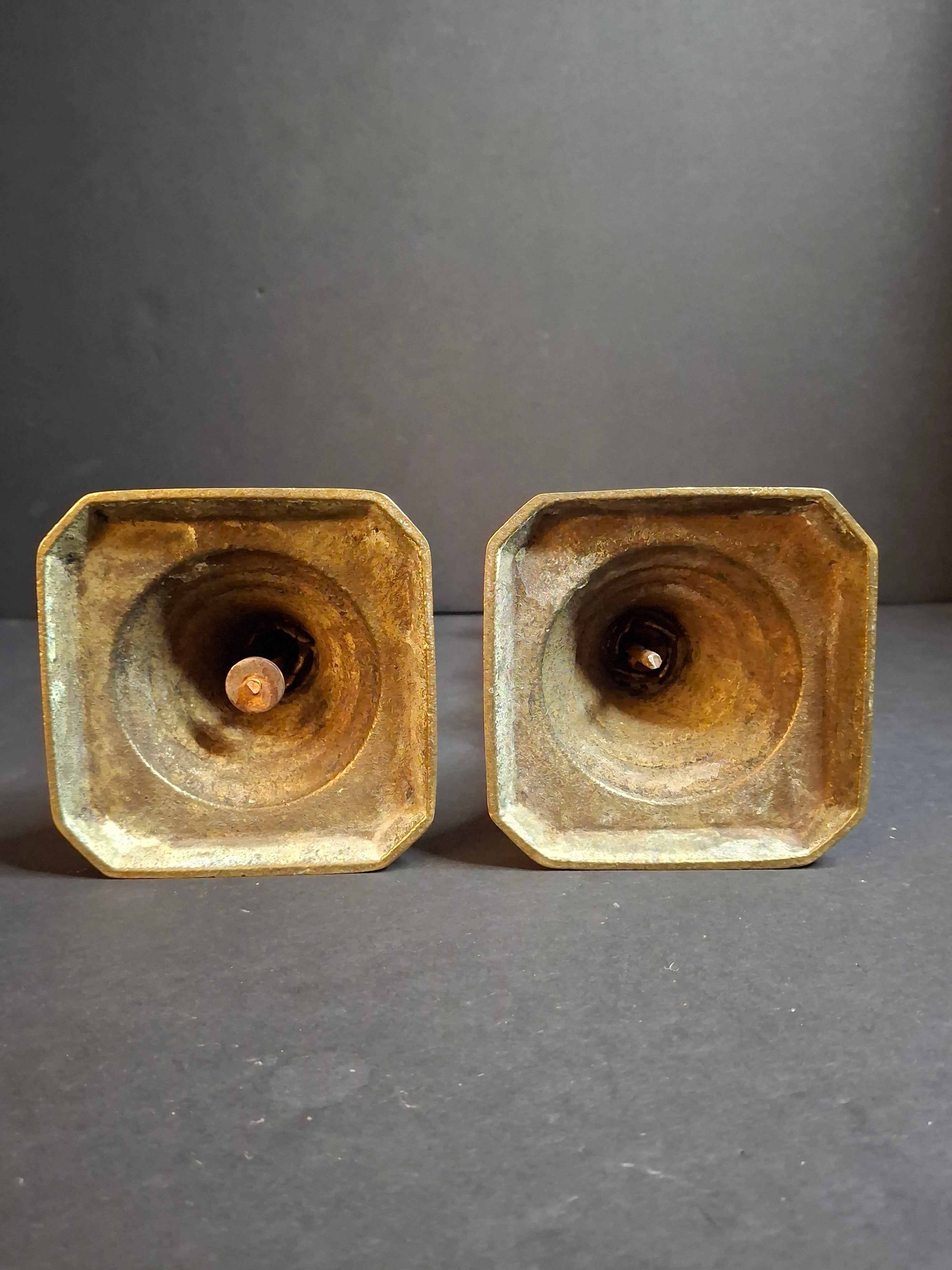 Antique Victorian Brass Candlesticks Pair Faceted Diamond Knop Octagonal Base 8.5"