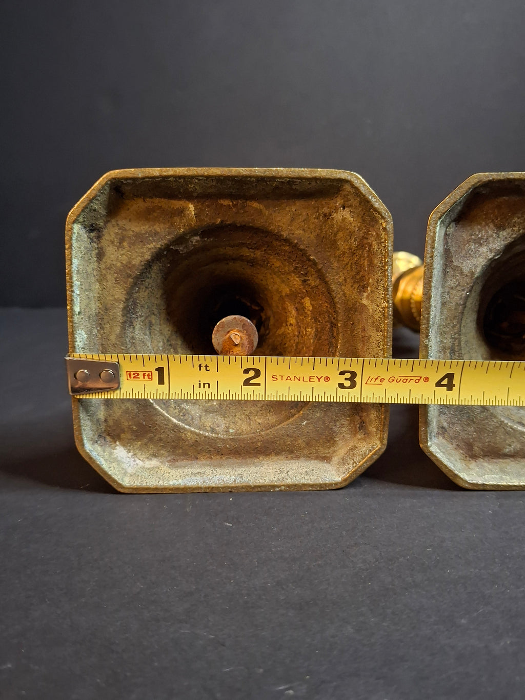 Antique Victorian Brass Candlesticks Pair Faceted Diamond Knop Octagonal Base 8.5"
