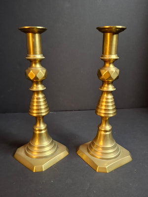 Antique Victorian Brass Candlesticks Pair Faceted Diamond Knop Octagonal Base 8.5"