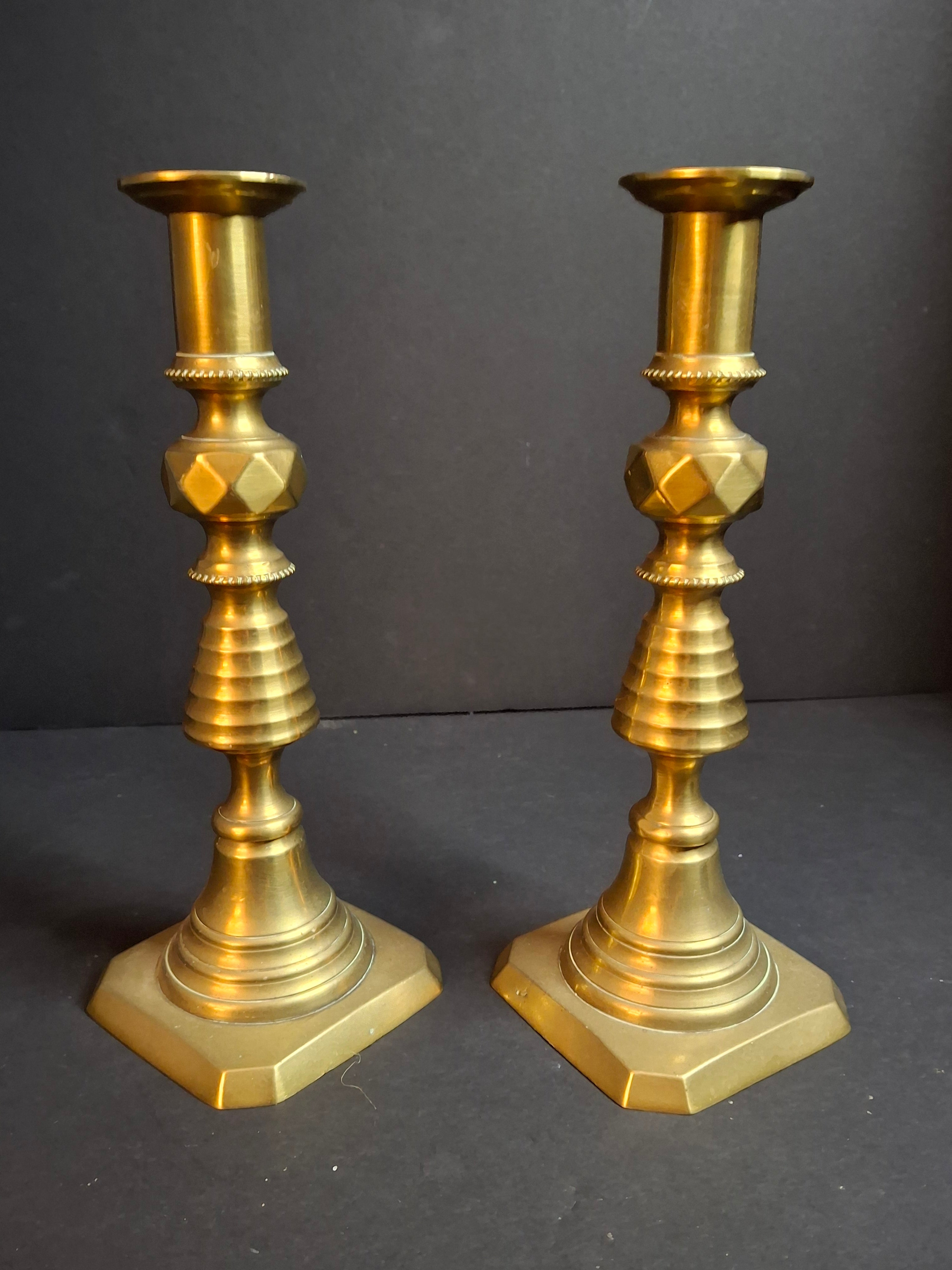 Antique Victorian Brass Candlesticks Pair Faceted Diamond Knop Octagonal Base 8.5"