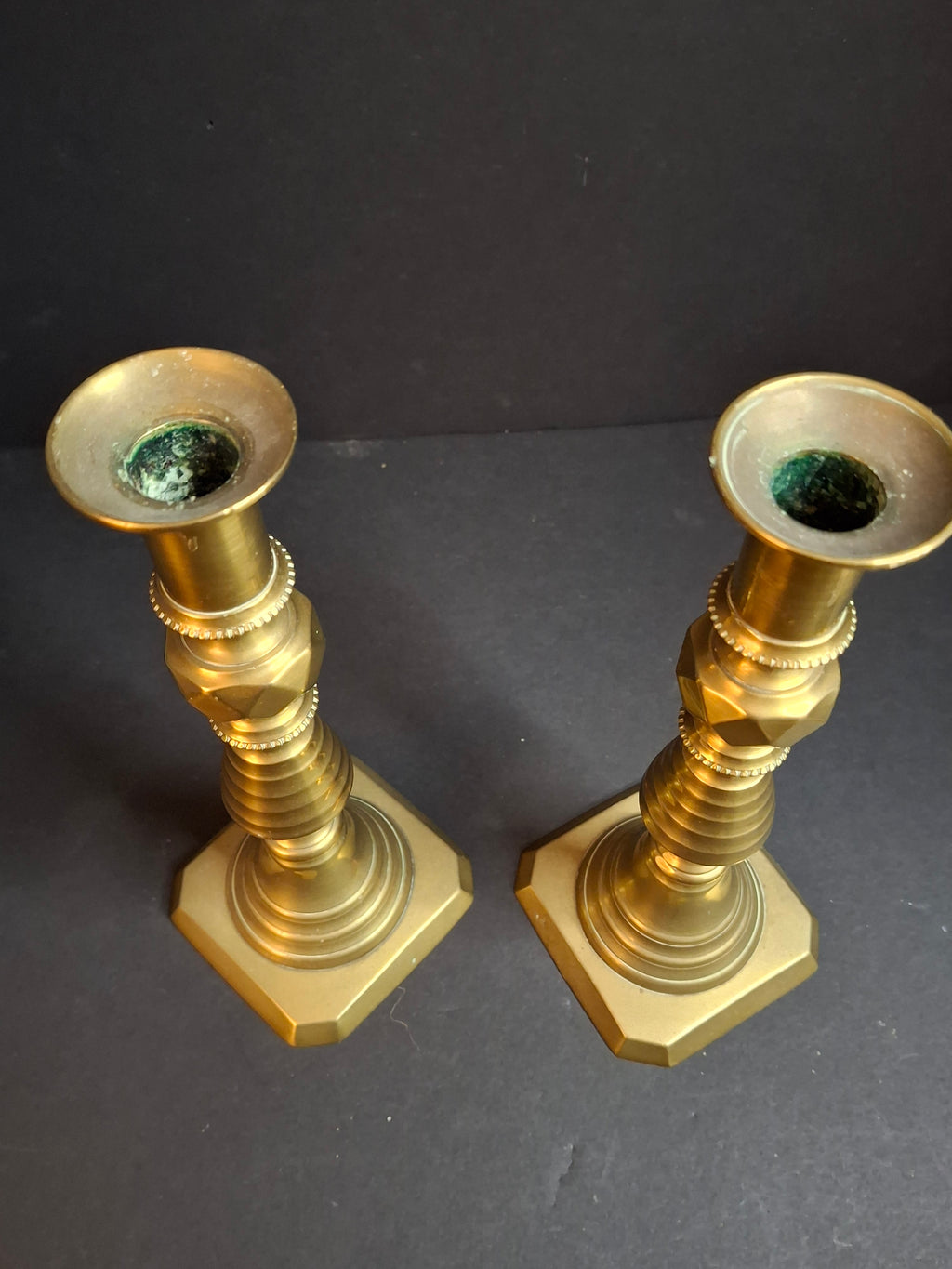 Antique Victorian Brass Candlesticks Pair Faceted Diamond Knop Octagonal Base 8.5"