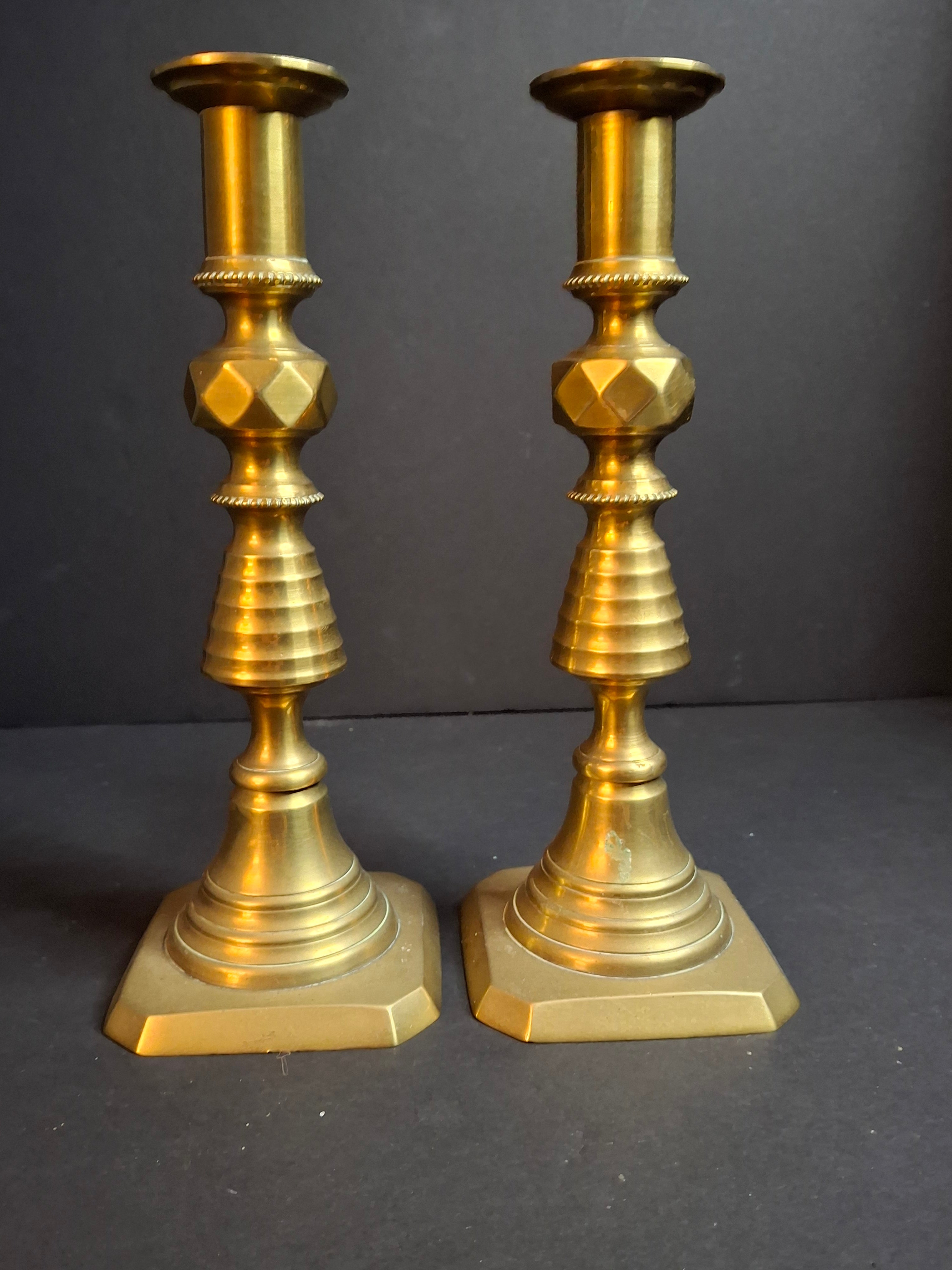 Antique Victorian Brass Candlesticks Pair Faceted Diamond Knop Octagonal Base 8.5"