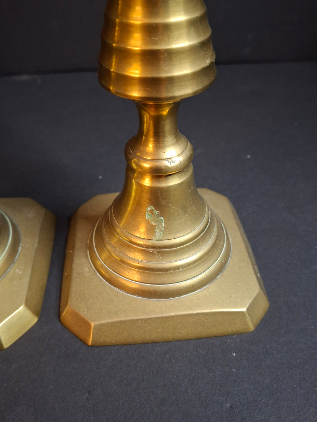 Antique Victorian Brass Candlesticks Pair Faceted Diamond Knop Octagonal Base 8.5"