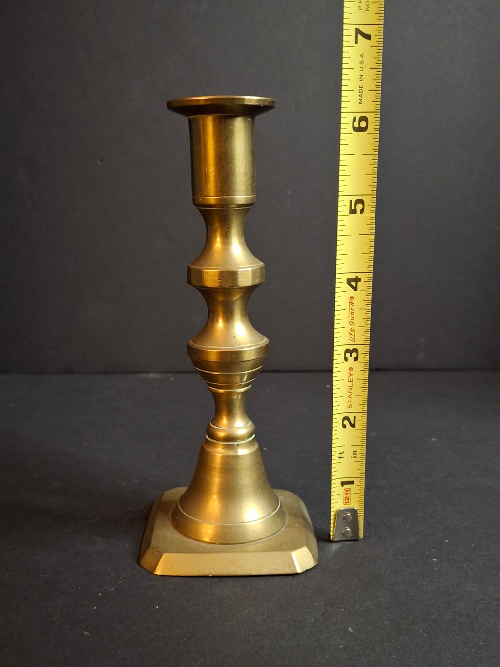 Antique English Brass Push-Up Candlestick Square Base Clipped Corners Georgian c. 1780-1820