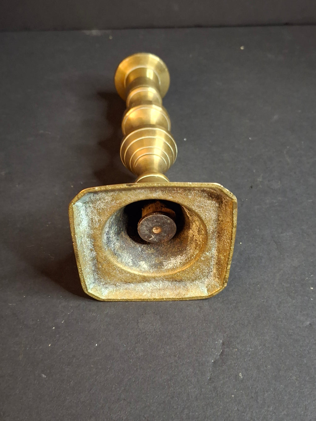 Antique English Brass Push-Up Candlestick Square Base Clipped Corners Georgian c. 1780-1820