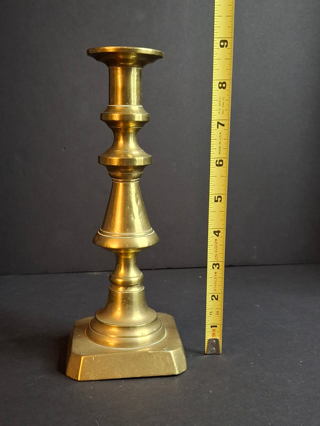 Antique English George II Brass Candlestick, Multi-Knopped Baluster, Canted Square Base, c. 1730–1750