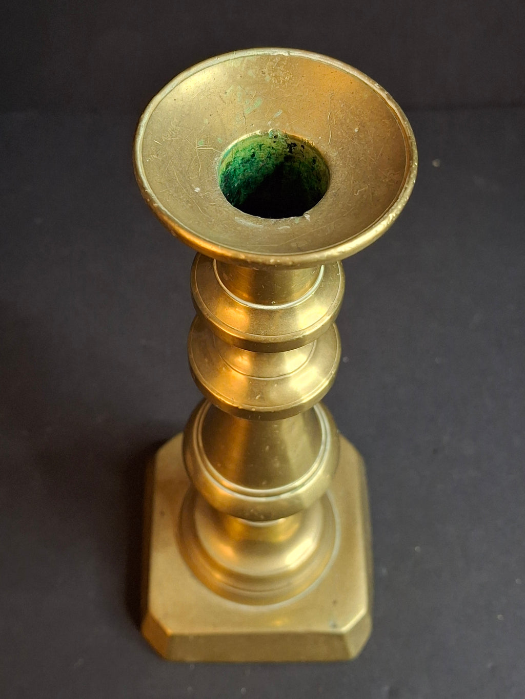 Antique English George II Brass Candlestick, Multi-Knopped Baluster, Canted Square Base, c. 1730–1750
