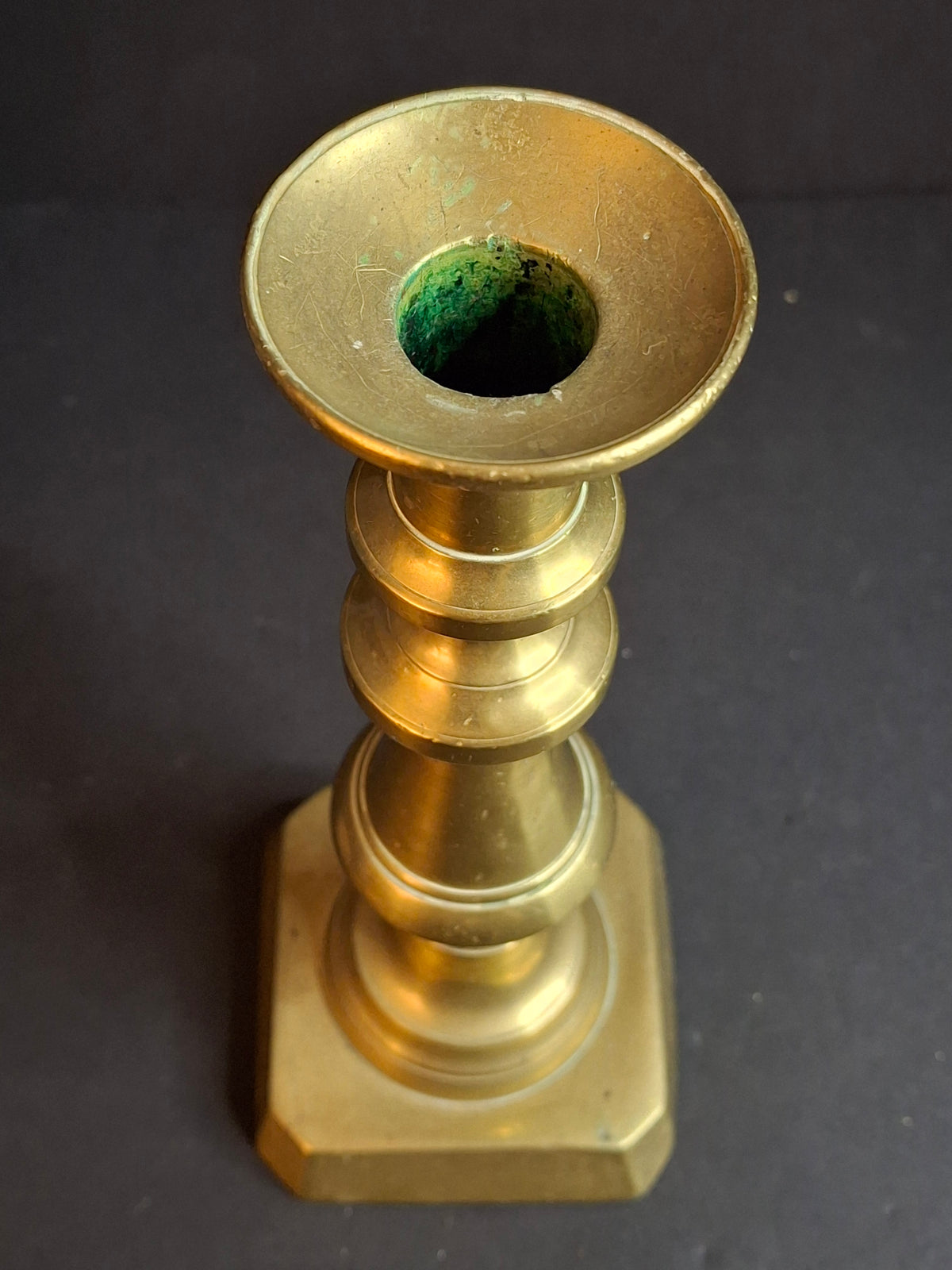 Antique English George II Brass Candlestick, Multi-Knopped Baluster, Canted Square Base, c. 1730–1750