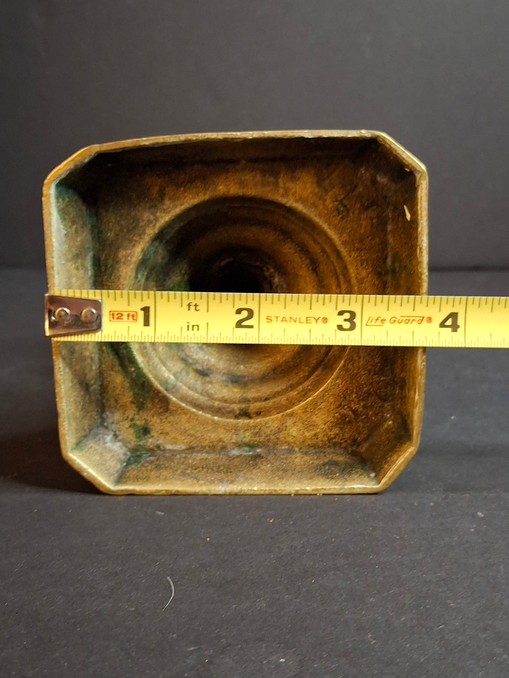 Antique English George II Brass Candlestick, Multi-Knopped Baluster, Canted Square Base, c. 1730–1750