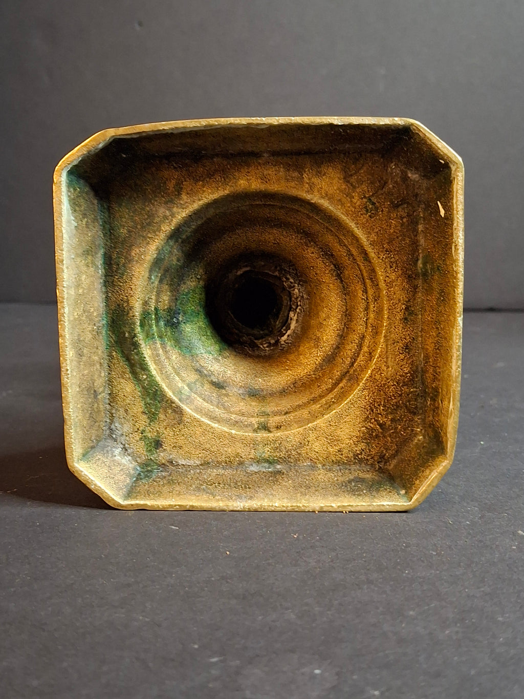 Antique English George II Brass Candlestick, Multi-Knopped Baluster, Canted Square Base, c. 1730–1750